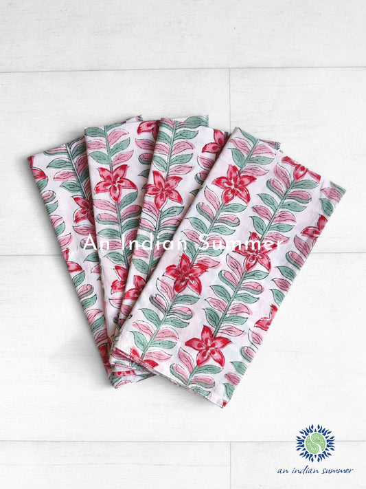 Cotton Napkins - Set of 4 - Floral Vine White & Pink