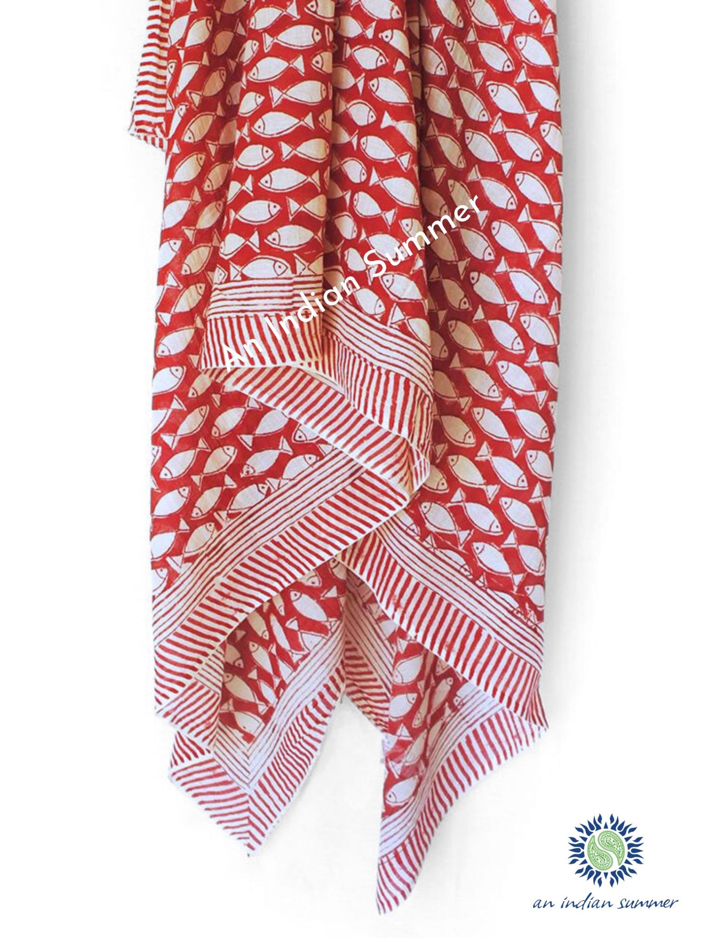 Fish Sarong Pareo | Red Sarong | Hand Block Printed | Soft Cotton Voile | An Indian Summer | Resortwear Swimwear Beachwear | Seasonless Timeless Sustainable Ethical Authentic Artisan Conscious Clothing Lifestyle Brand