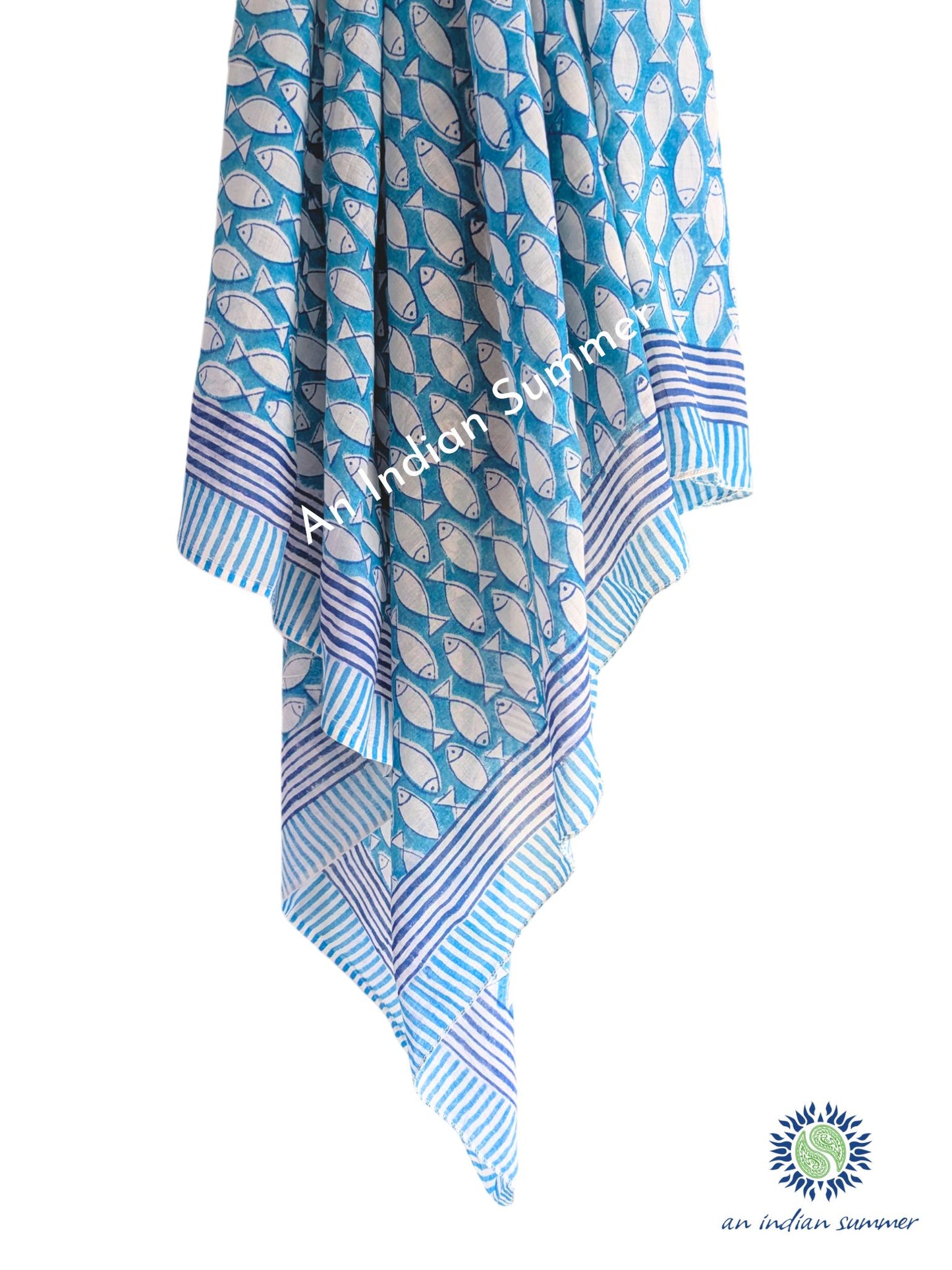 Fish Sarong | Teal | Hand Block Printed | Soft Cotton Voile | An Indian Summer | Resortwear Swimwear Beachwear | Seasonless Timeless Sustainable Ethical Authentic Artisan Conscious Clothing Lifestyle Brand