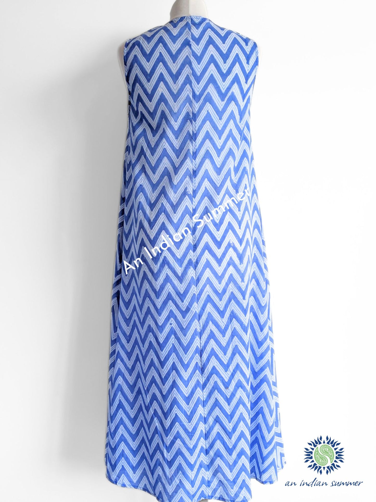 Sleeveless Midi Dress Kanebo | Blue | Zig Zag Chevron Block Print | Hand Block Printed | Cotton Voile | An Indian Summer | Seasonless Timeless Sustainable Ethical Authentic Artisan Conscious Clothing Lifestyle Brand