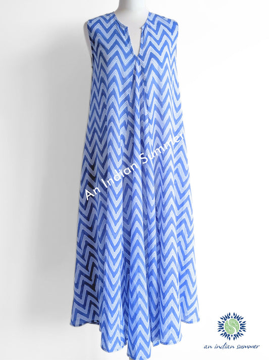 Sleeveless Midi Dress Kanebo | Blue | Zig Zag Chevron Block Print | Hand Block Printed | Cotton Voile | An Indian Summer | Seasonless Timeless Sustainable Ethical Authentic Artisan Conscious Clothing Lifestyle Brand