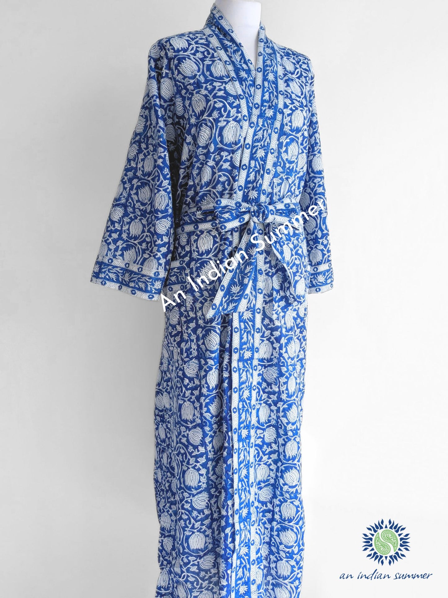 Long Kimono Robe - Floral Block Print - Curved Lotus - Blue