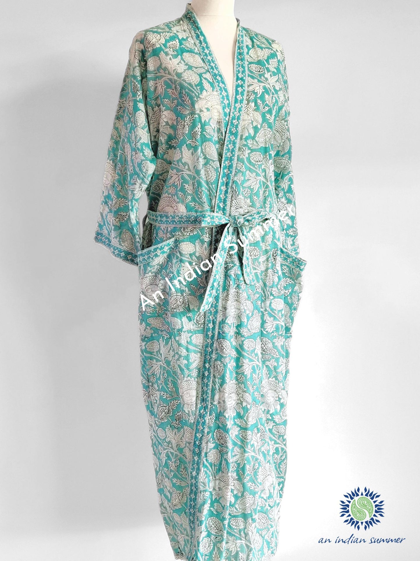 Lange Kimono-Robe – Blumenblockdruck – Distel – erhältlich in 2 Farben