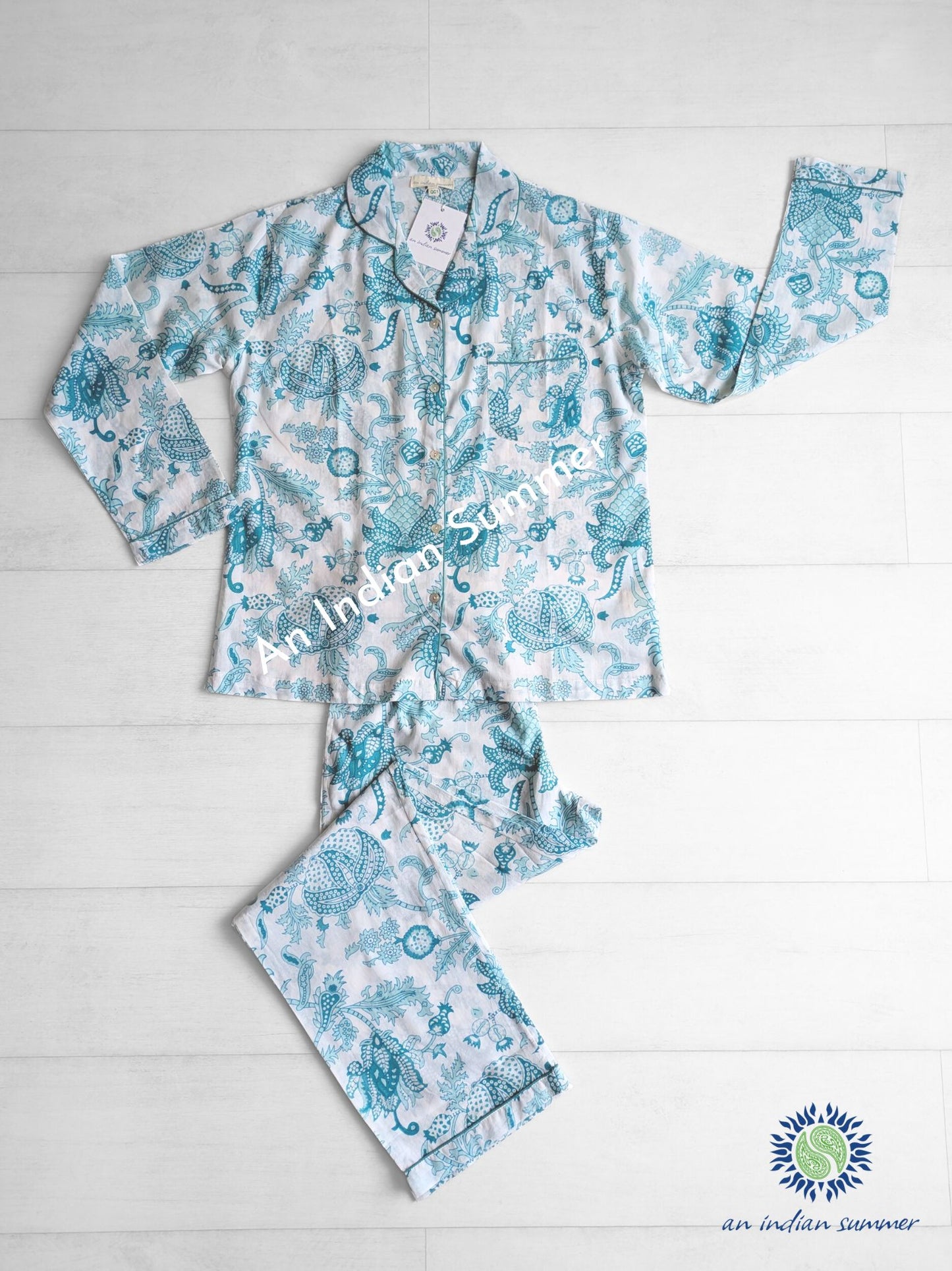 Long Pyjama Set Chintz | Turquoise & Aqua | Hand Printed Cotton | An Indian Summer | Authentic Timeless Seasonless Sustainable Ethical Artisan Conscious Responsible Clothing