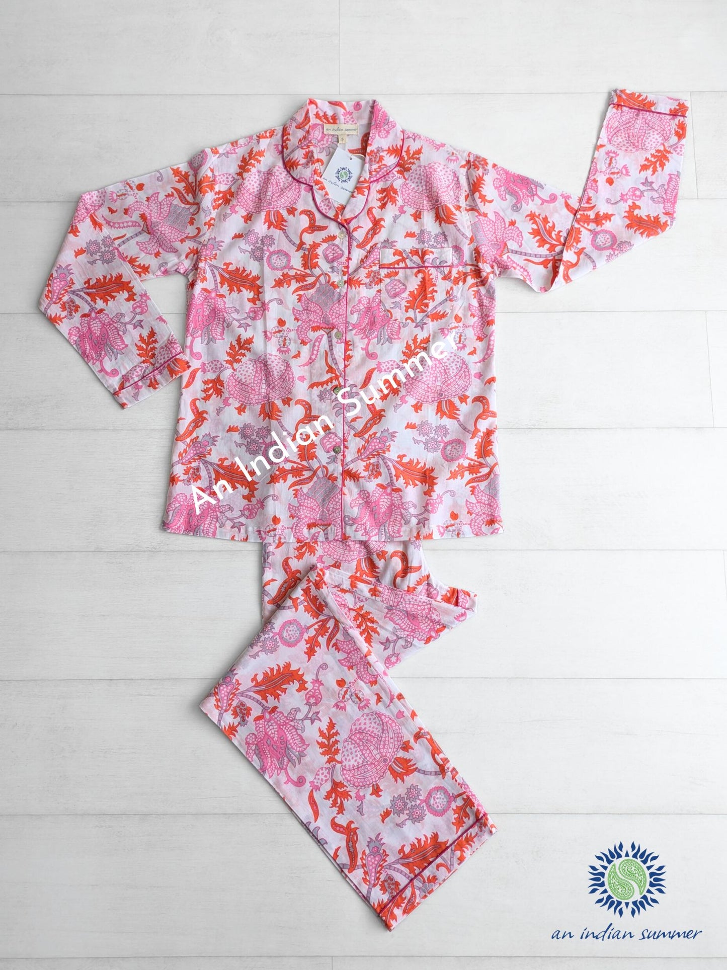 Long Pyjama Set Chintz | Pink & Orange | Hand Printed Cotton | An Indian Summer | Authentic Timeless Seasonless Sustainable Ethical Artisan Conscious Responsible Clothing