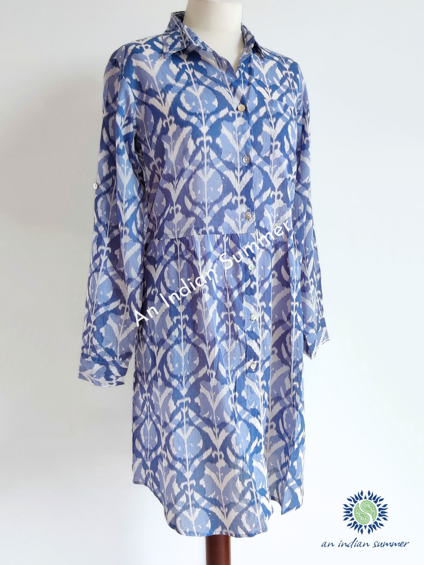 Lyra Shirt Dress Damask Blue | Cotton Voile | An Indian Summer | Seasonless Timeless Sustainable Ethical Authentic Artisan Conscious Clothing Lifestyle