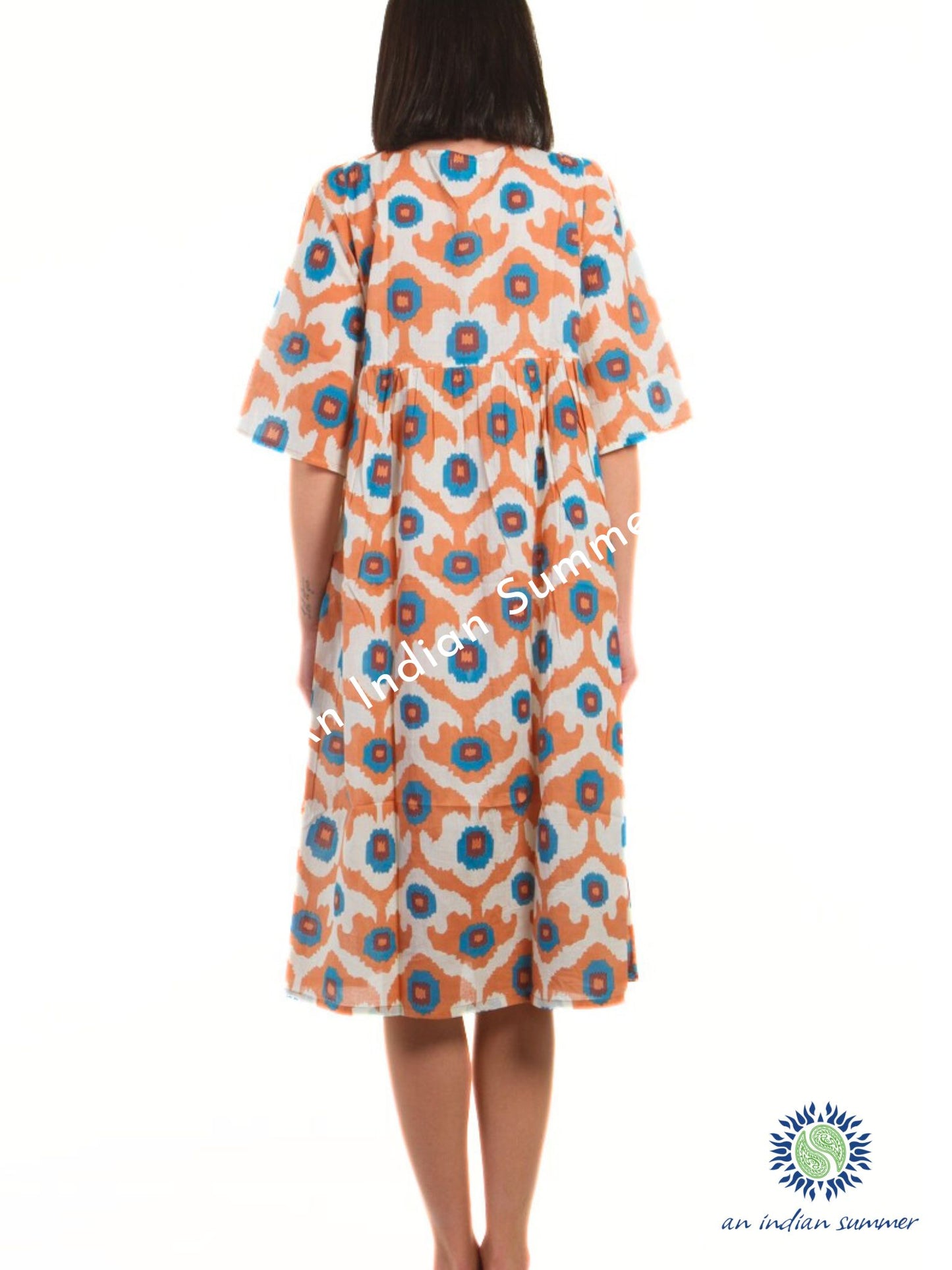 Market Dress Ikat Apricot Comfy easy-fit lightweight cotton dress with Two deep pockets An Indian Summer Timeless Sustainable Ethical Authentic Artisan Clothing Brand