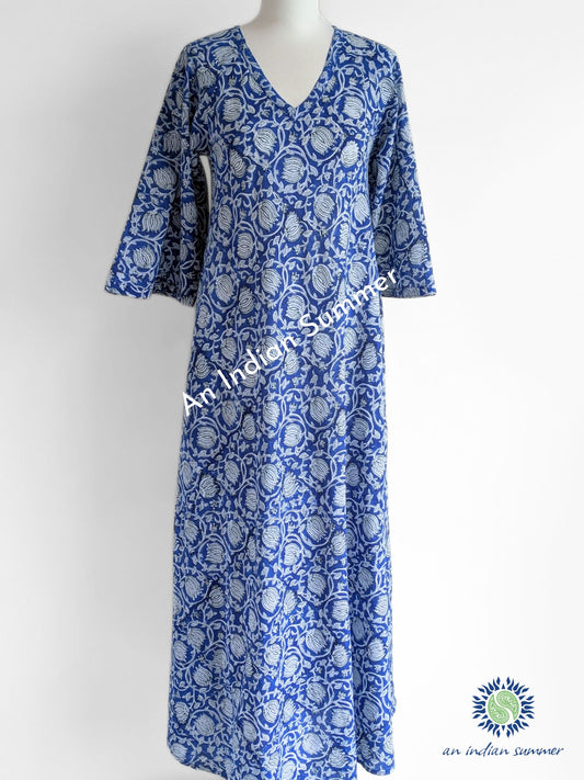 Mia Dress | Lotus Blue | Hand Block Printed | Cotton | An Indian Summer | Seasonless Timeless Sustainable Ethical Authentic Artisan Conscious Clothing Lifestyle Brand