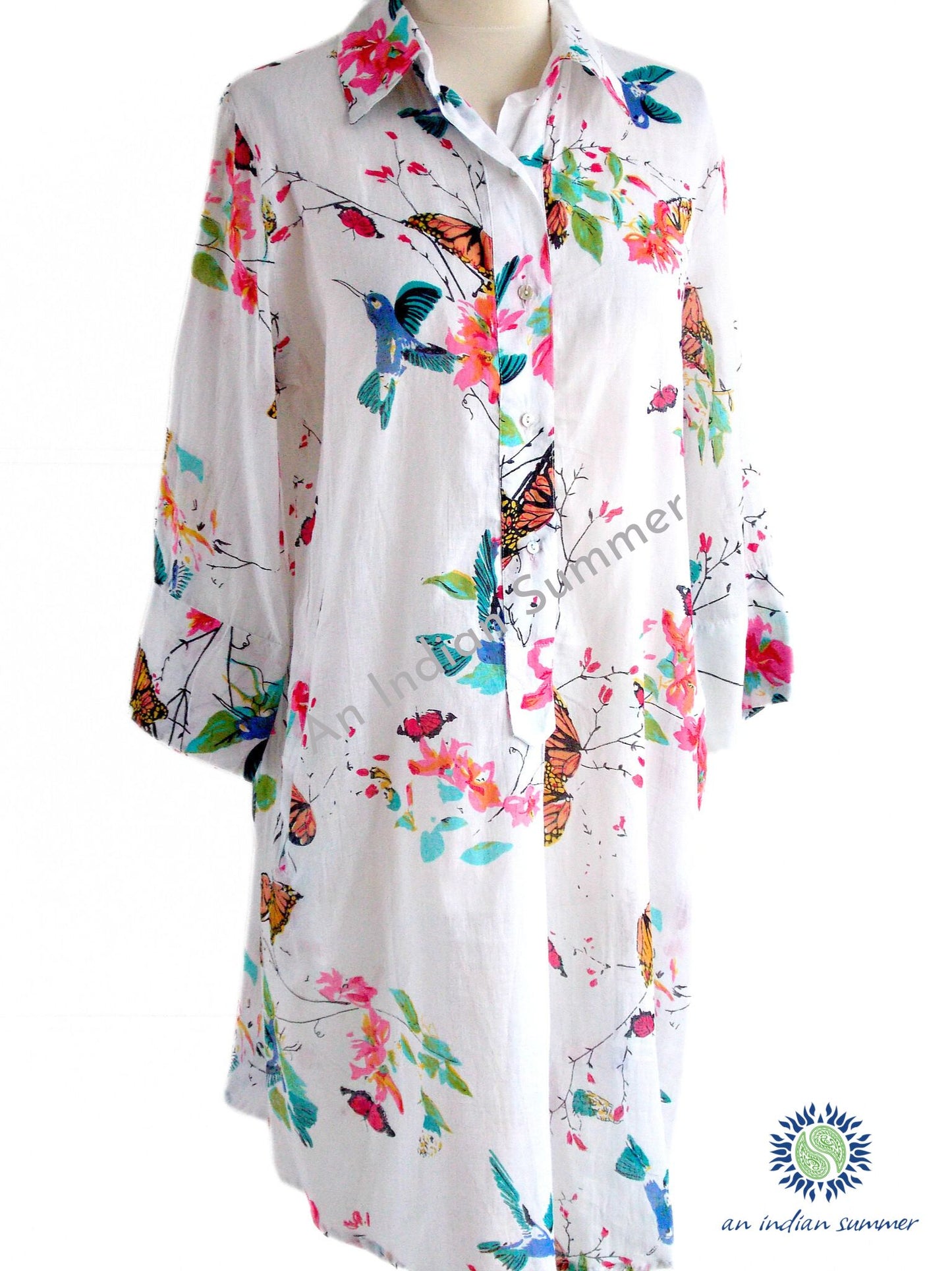 Oversized Beach Shirt Coverup | Fauna White | Soft Cotton Voile | An Indian Summer | Luxury Resortwear Swimwear Beachwear | Seasonless Timeless Sustainable Ethical Authentic Artisan Conscious Clothing Lifestyle Brand