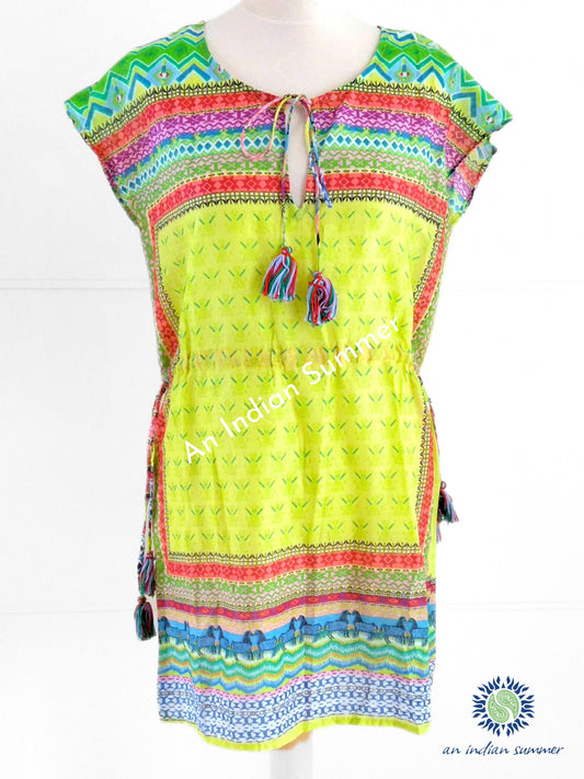 An Indian Summer Resort Collection Catalina Coverup - Vibrant colourful cotton coverup with drawstring waist - Mexican-inspired print