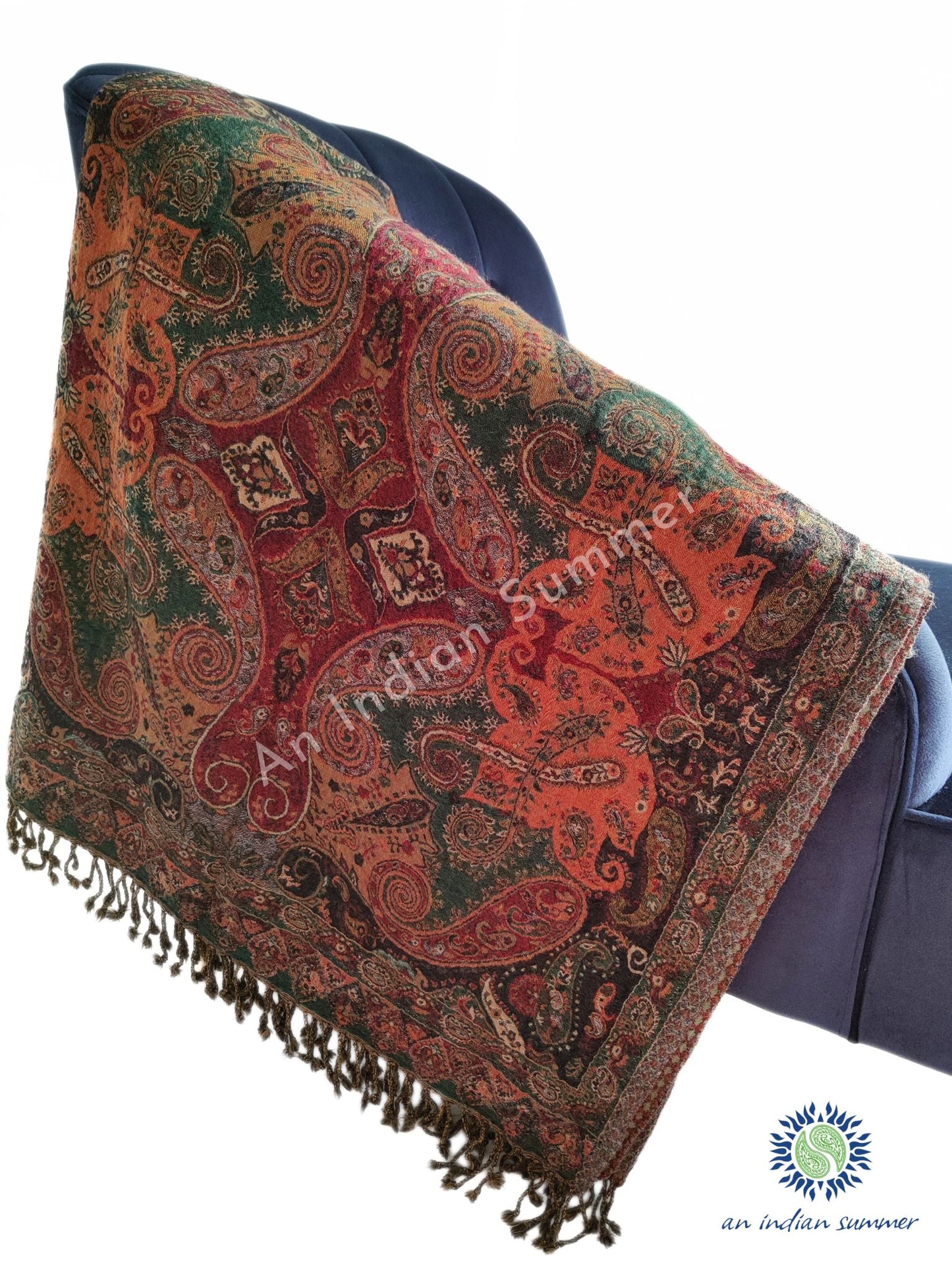 An Indian Summer Reversible Heritage Jamevar Throw Merino Wool Green