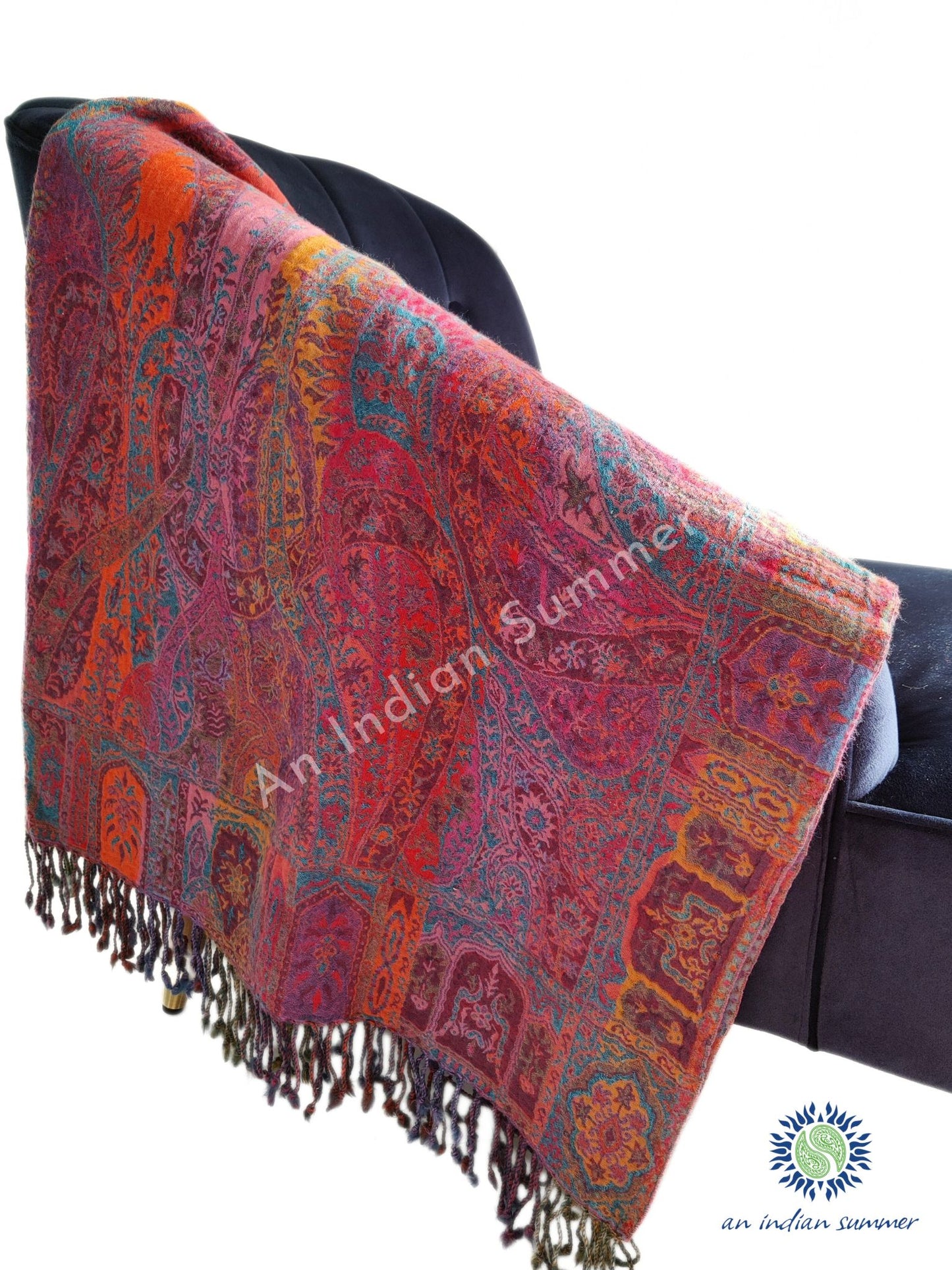An Indian Summer Reversible Heritage Jamevar Throw Merino Wool Magenta