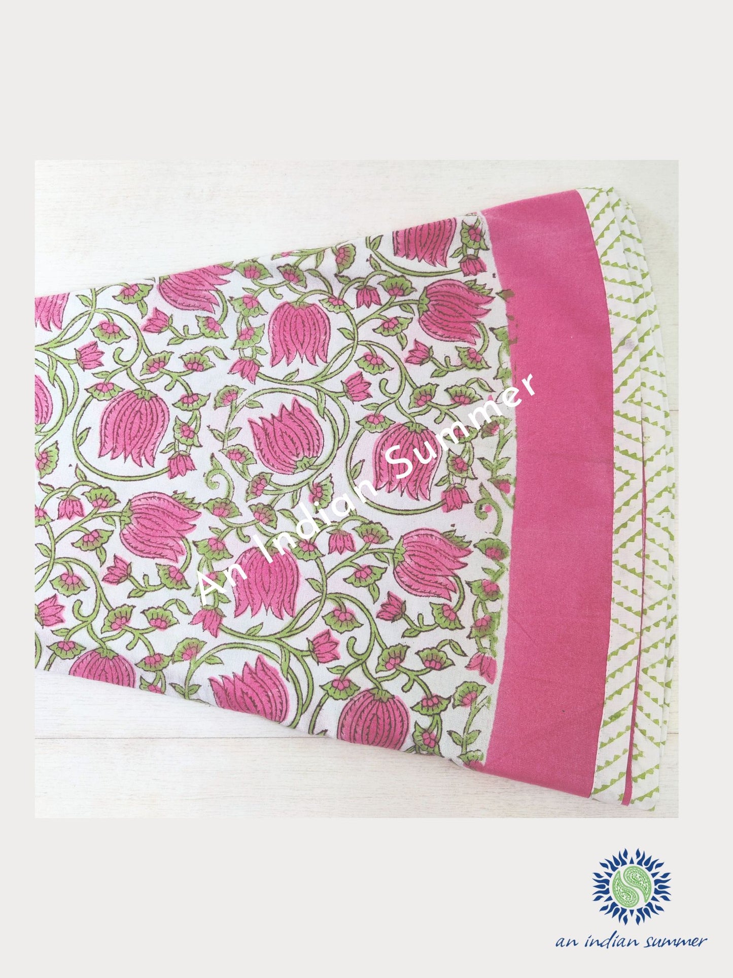 Tulip Vine Design Tablecloth | Pink & Green | Round Tablecloth | Hand Block Printed | Cotton | An Indian Summer | Seasonless Timeless Sustainable Ethical Authentic Artisan Conscious Clothing Lifestyle Brand