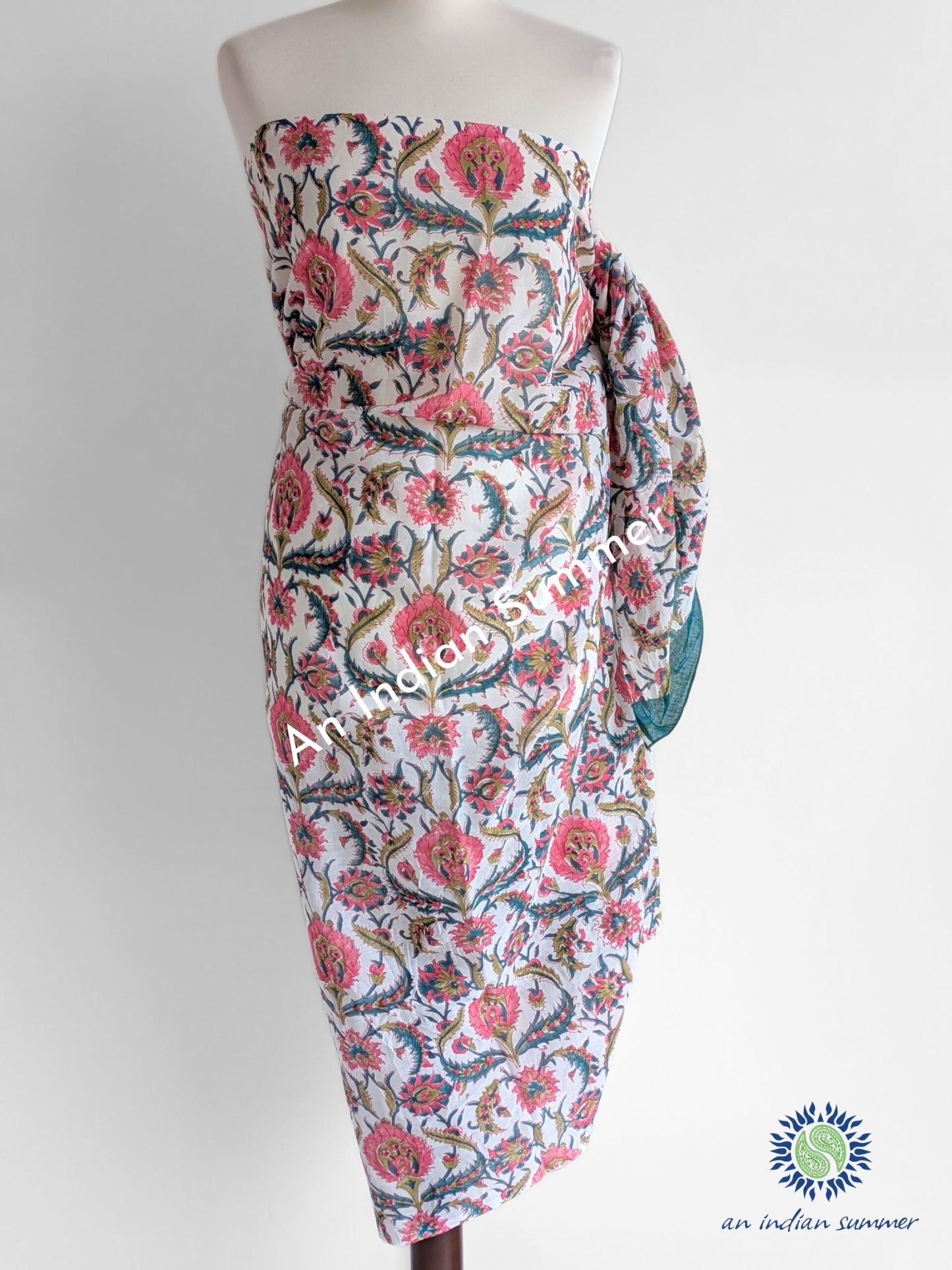 Christmas Island Sarong Pareo | Floral Block Print | Hand Block Printed | Cotton Voile | An Indian Summer | Luxury Resortwear Swimwear Beachwear | Seasonless Timeless Sustainable Ethical Authentic Artisan Conscious Clothing Lifestyle Brand