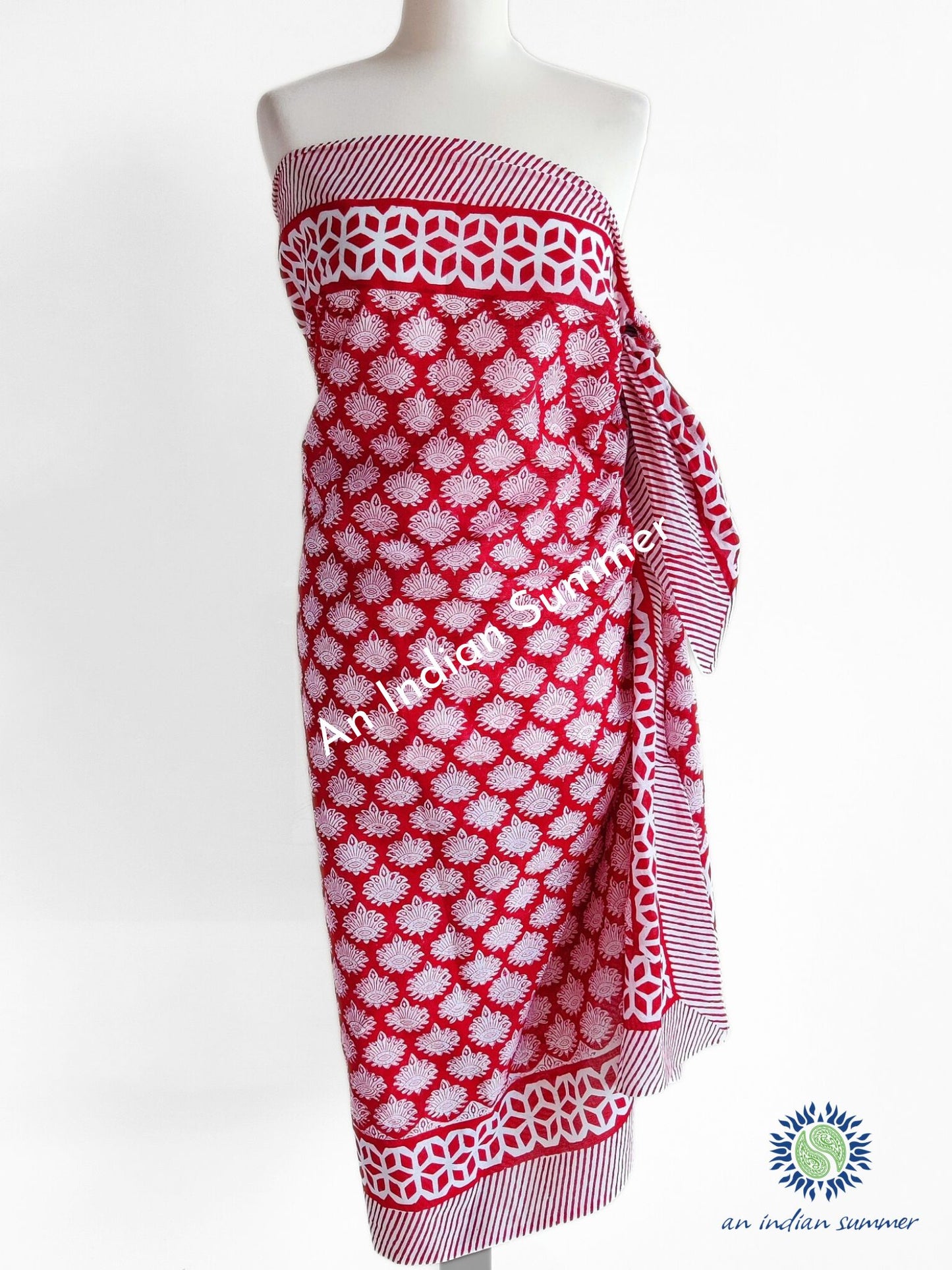 Fern Sarong Pareo | Red Sarong | Hand Block Printed | Soft Cotton Voile | An Indian Summer | Resortwear Swimwear Beachwear | Seasonless Timeless Sustainable Ethical Authentic Artisan Conscious Clothing Lifestyle Brand