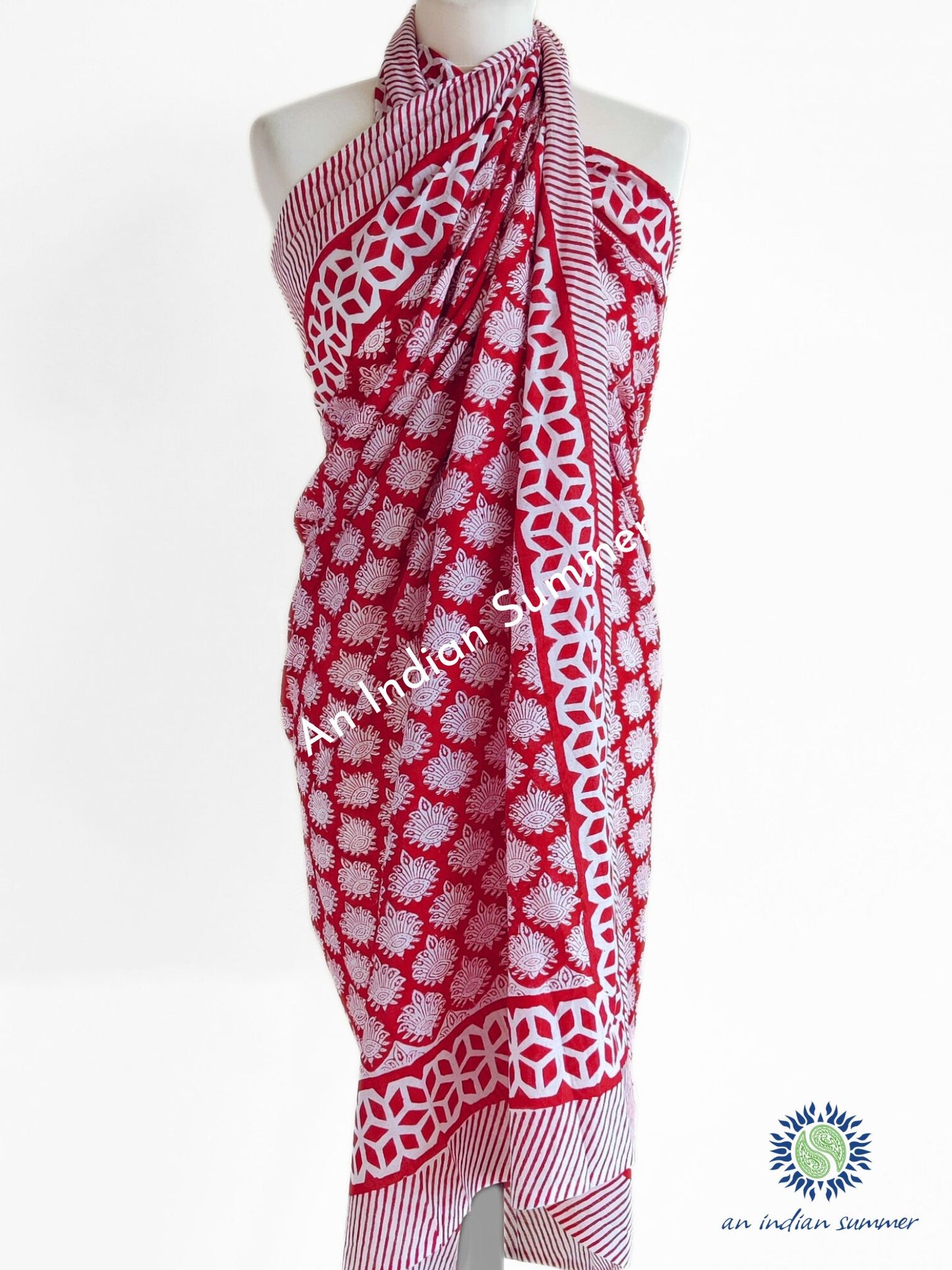 Fern Sarong Pareo | Red Sarong | Hand Block Printed | Soft Cotton Voile | An Indian Summer | Resortwear Swimwear Beachwear | Seasonless Timeless Sustainable Ethical Authentic Artisan Conscious Clothing Lifestyle Brand