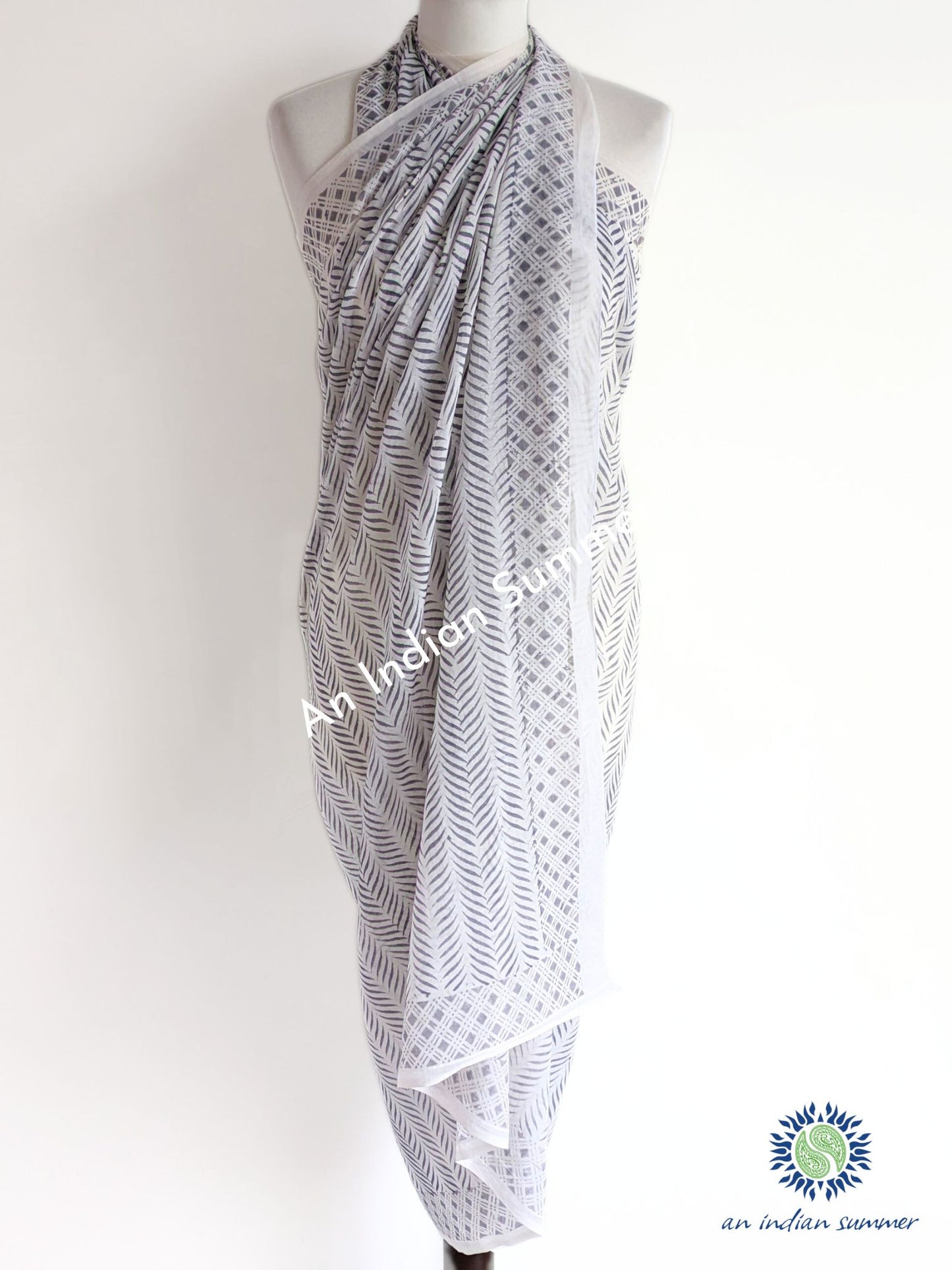Lehriya Sarong Pareo | Grey | Hand Block Printed | Soft Cotton Voile | An Indian Summer | Seasonless Timeless Sustainable Ethical Authentic Artisan Conscious Clothing Lifestyle Brand