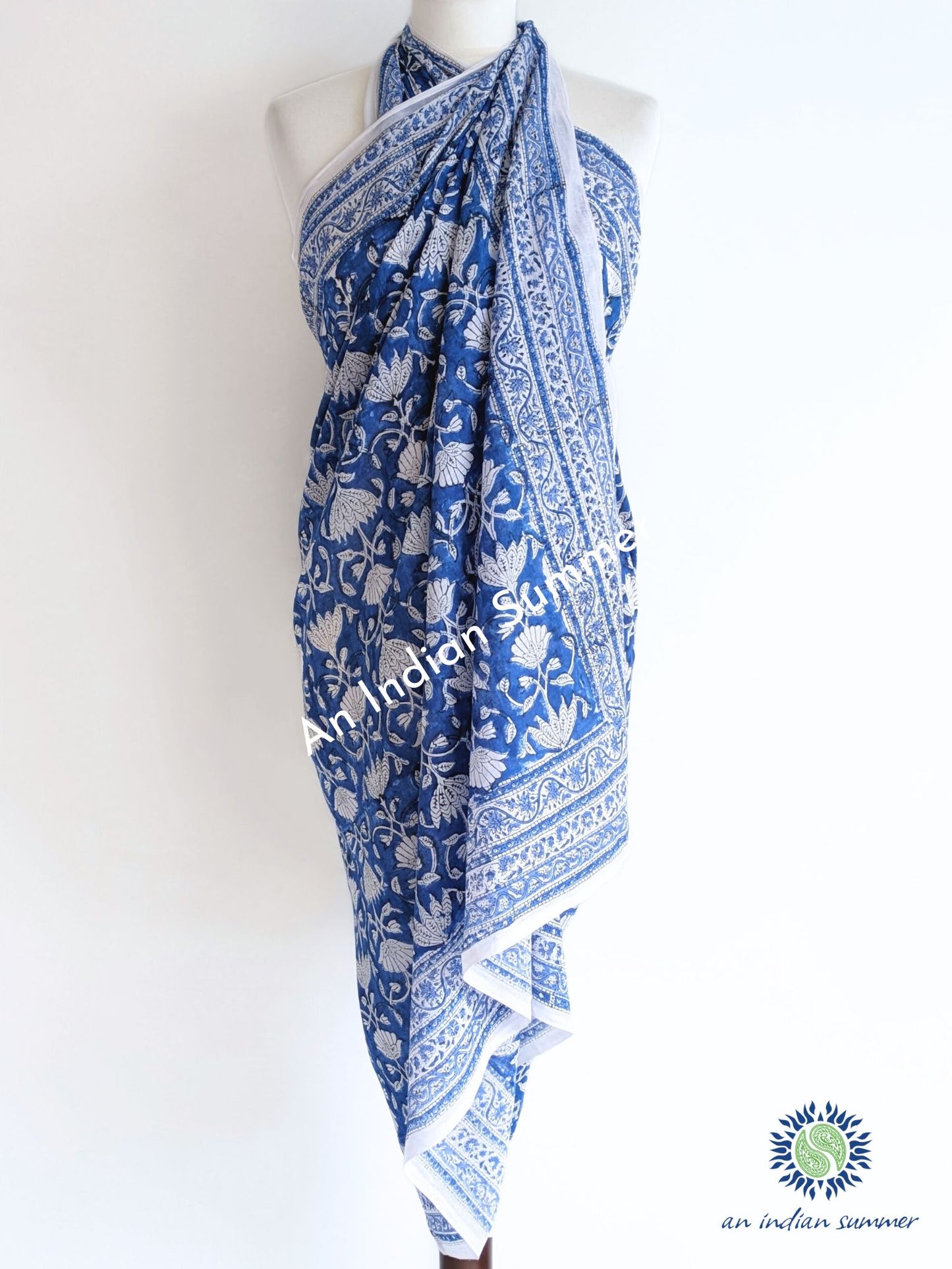 Lotus Sarong Pareo | Blue Sarong | Hand Block Printed | Soft Cotton Voile | An Indian Summer | Resortwear Swimwear Beachwear | Seasonless Timeless Sustainable Ethical Authentic Artisan Conscious Clothing Lifestyle Brand