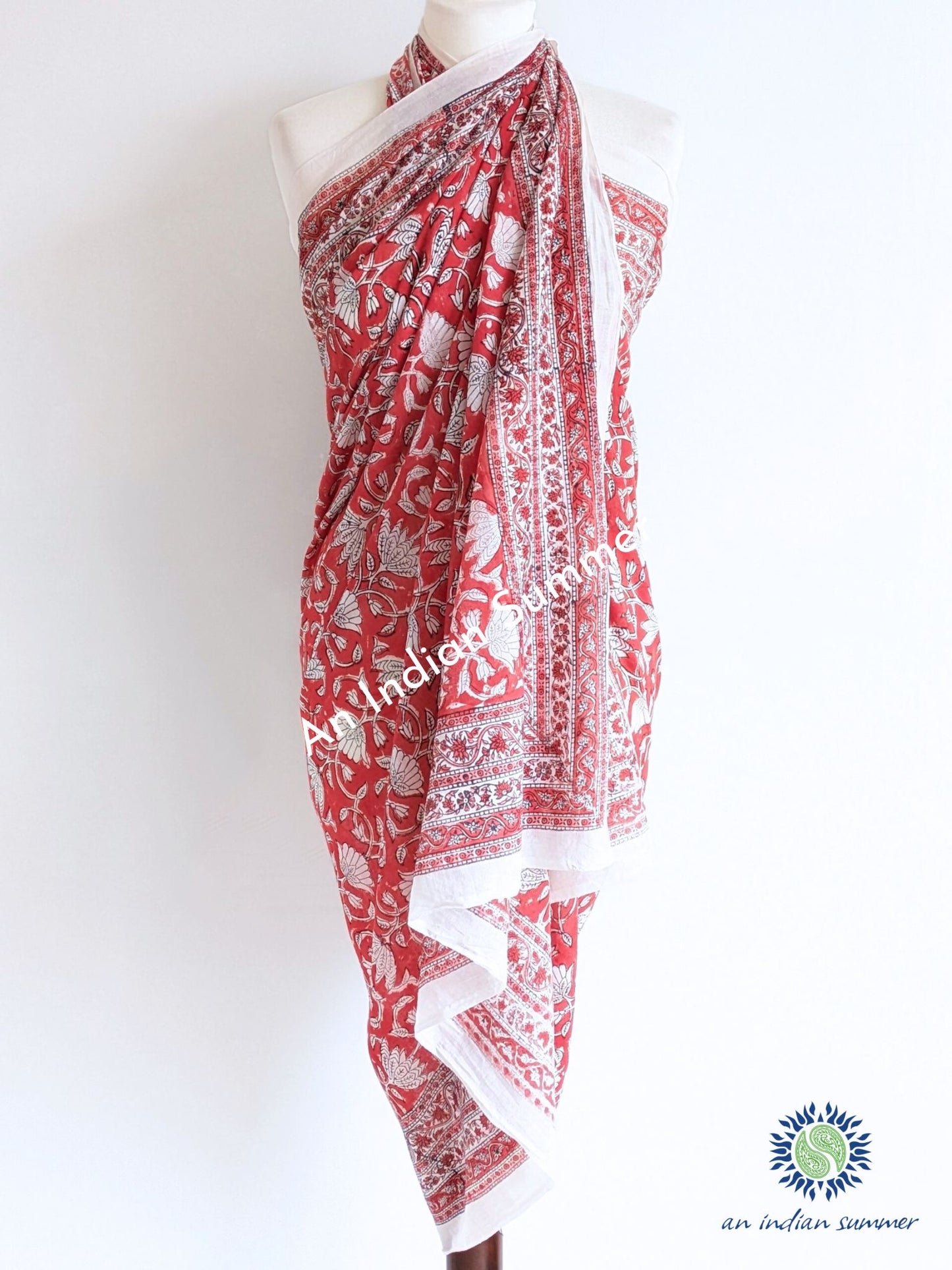 Lotus Sarong Pareo | Red Sarong | Hand Block Printed | Soft Cotton Voile | An Indian Summer | Resortwear Swimwear Beachwear | Seasonless Timeless Sustainable Ethical Authentic Artisan Conscious Clothing Lifestyle Brand