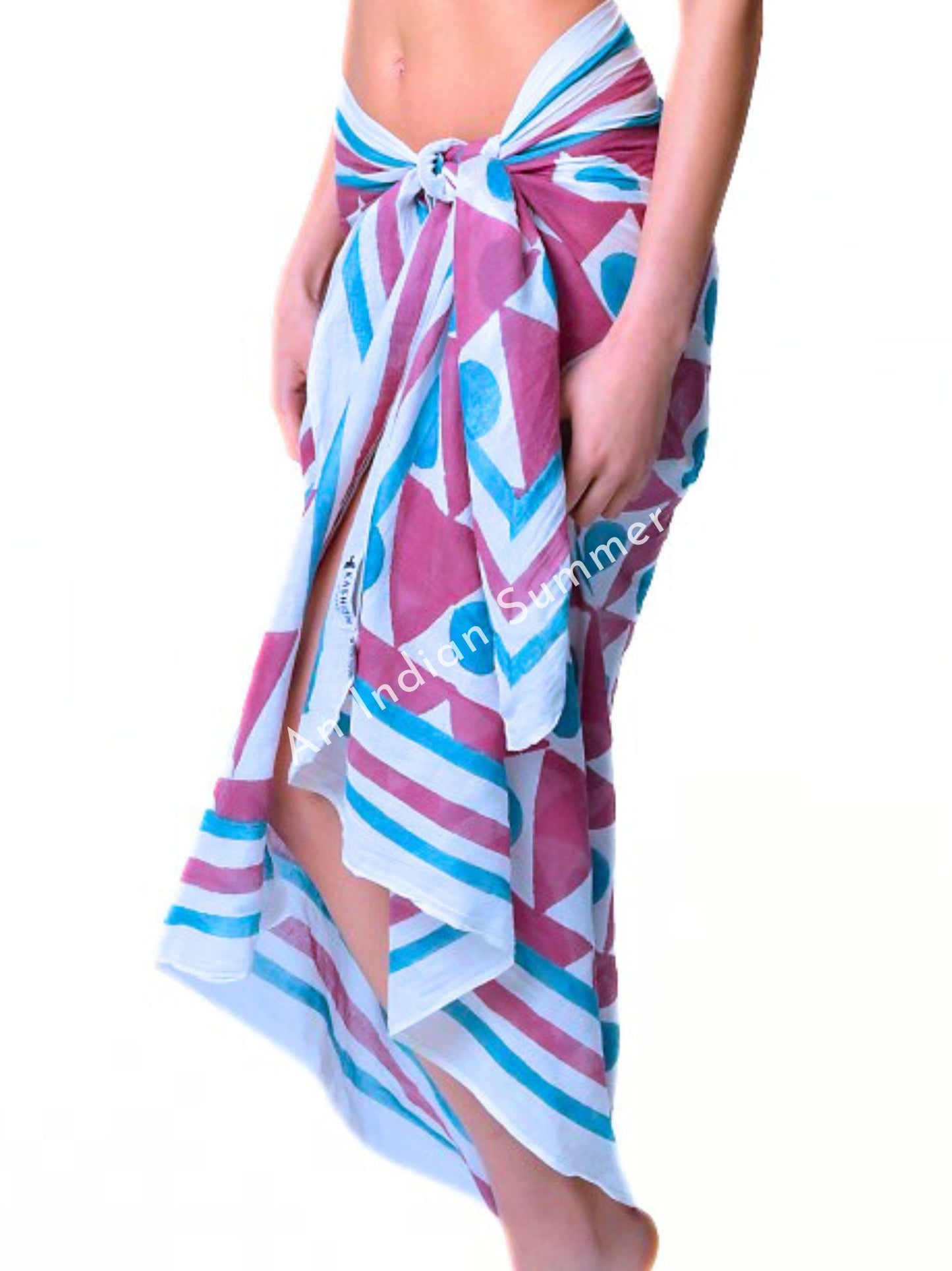 Virtue is Bold Sarong Pareo | Magenta & Teal Geometric Print | Hand Block Printed | Soft Cotton Voile | An Indian Summer | Resortwear Swimwear Beachwear | Seasonless Timeless Sustainable Ethical Authentic Artisan Conscious Clothing Lifestyle Brand