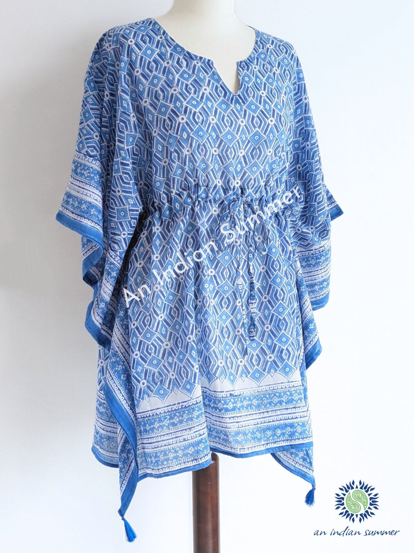 Short Poncho Kaftan Mosaic Blue | Blue White | Hand Block Printed | Cotton Voile | An Indian Summer | Seasonless Timeless Sustainable Ethical Authentic Artisan Conscious Clothing Lifestyle Brand