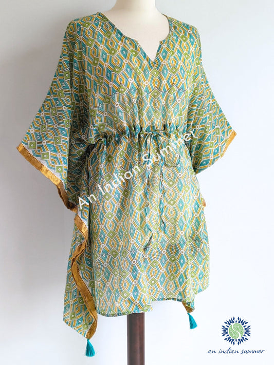 Short Poncho Kaftan Woven Border Mosaic Lime | Lime Yellow Turquoise Gold | Hand Block Printed | Cotton Voile | An Indian Summer | Seasonless Timeless Sustainable Ethical Authentic Artisan Conscious Clothing Lifestyle Brand