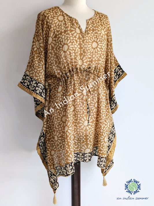 Short Poncho Kaftan Woven Border Natural Dyed Adya | Black Caramel Tan Gold | Hand Block Printed | Cotton Voile | An Indian Summer | Seasonless Timeless Sustainable Ethical Authentic Artisan Conscious Clothing Lifestyle Brand