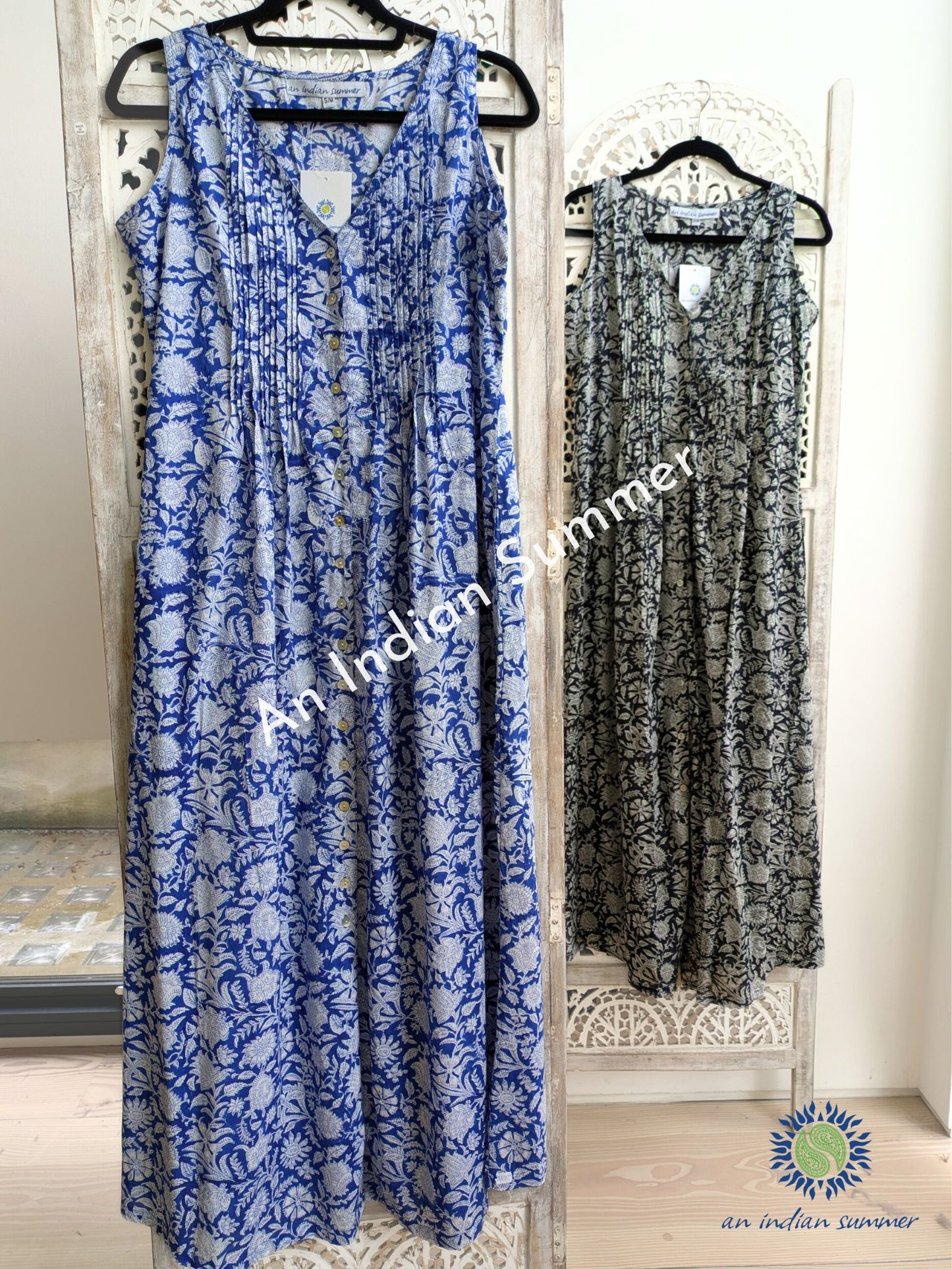 Sleeveless Maxi Dress Sundress | Blue or Black | Floral Block Print | Hand Block Printed | Cotton Voile | An Indian Summer | Seasonless Timeless Sustainable Ethical Authentic Artisan Conscious Clothing Lifestyle Brand