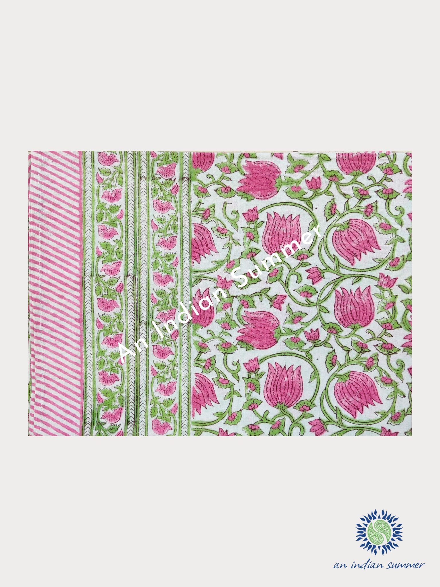 Tulip Vine Design Tablecloth | Pink & Green | Tablecloth | Hand Block Printed | Cotton | An Indian Summer | Seasonless Timeless Sustainable Ethical Authentic Artisan Conscious Clothing Lifestyle Brand