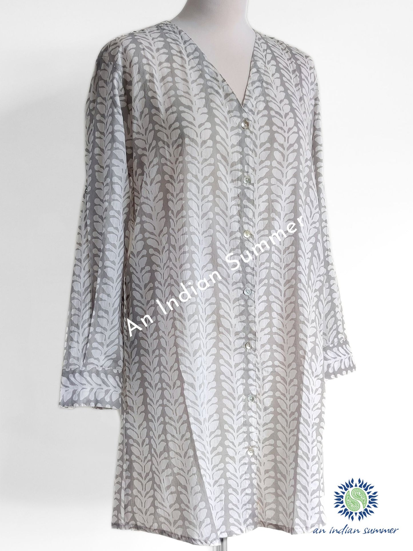 Tunic Shirt Leaf Grey | Loungewear | Cotton Voile | An Indian Summer | Authentic Timeless Sustainable Ethical Artisan Conscious Responsible Clothing