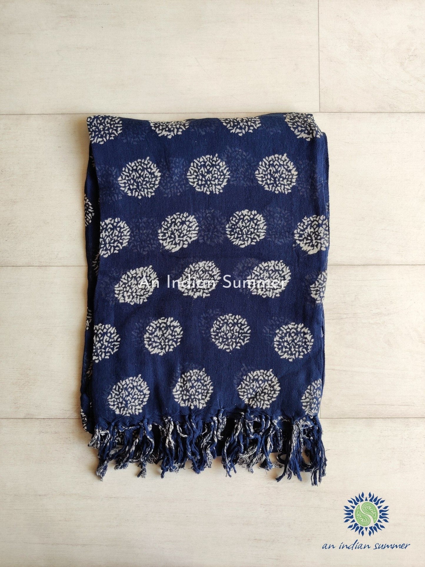 An Indian Summer Allium Indigo Dyed Handloom Woven Hand Block Printed Cotton Gauze Scarf