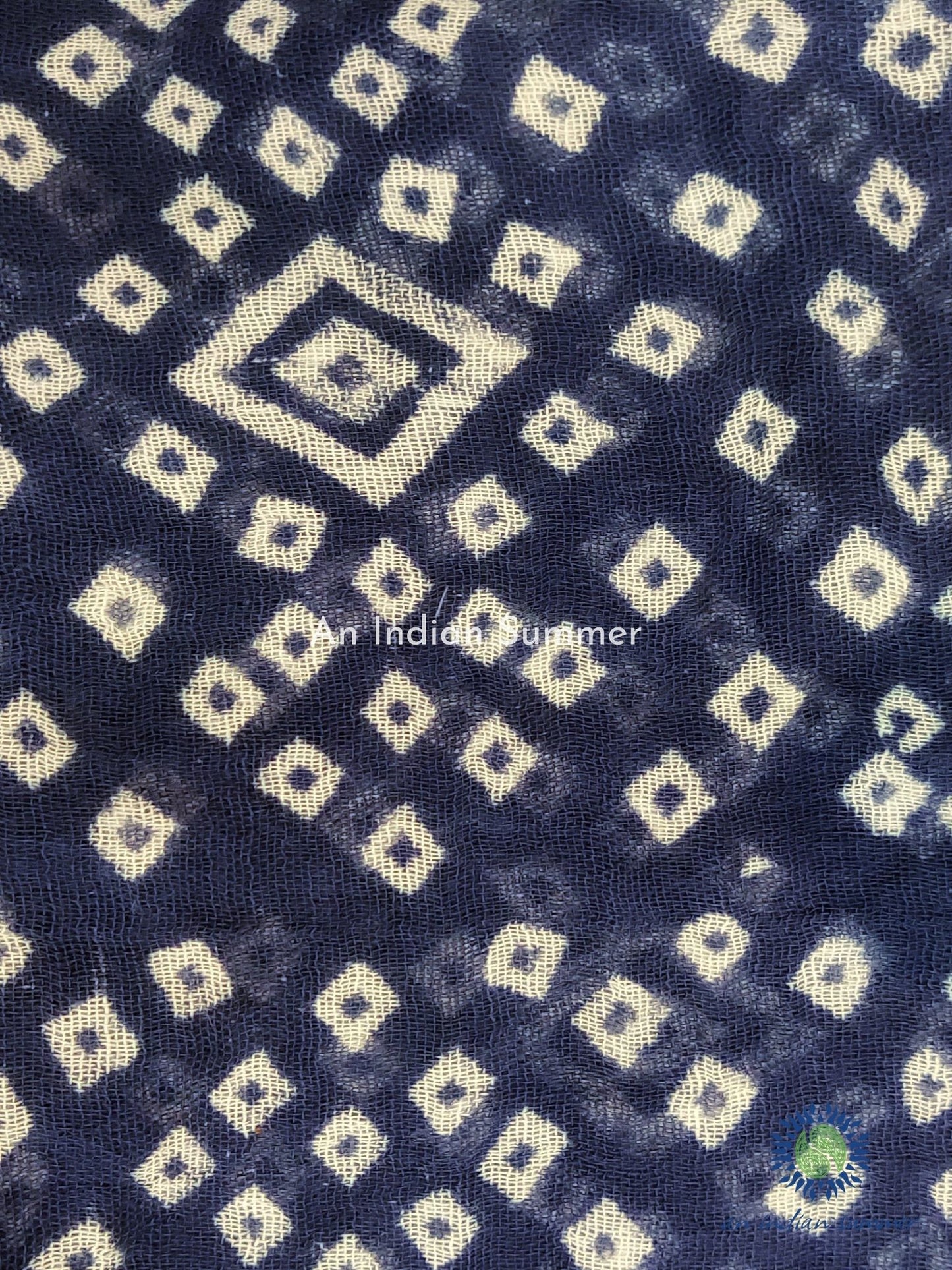 An Indian Summer Bandhej Indigo Dyed Handloom Woven Hand Block Printed Cotton Gauze Scarf