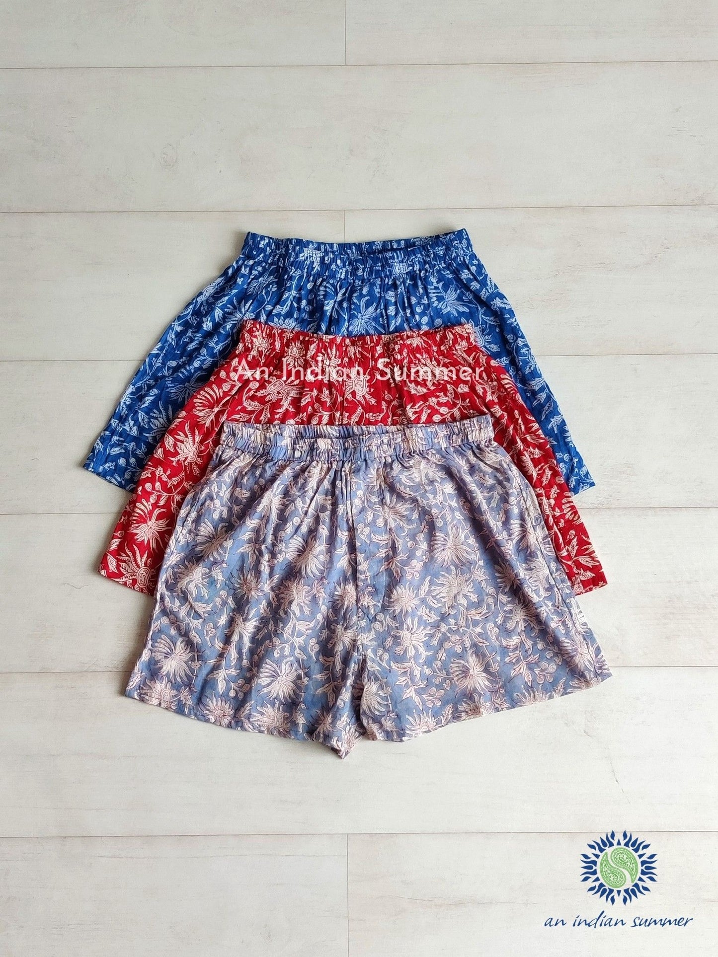 An Indian Summer Boxer Shorts Gift Set - Blue, Red, Grey - Hand Block Printed Cotton Voile - Sustainable Ethical Artisan Brand