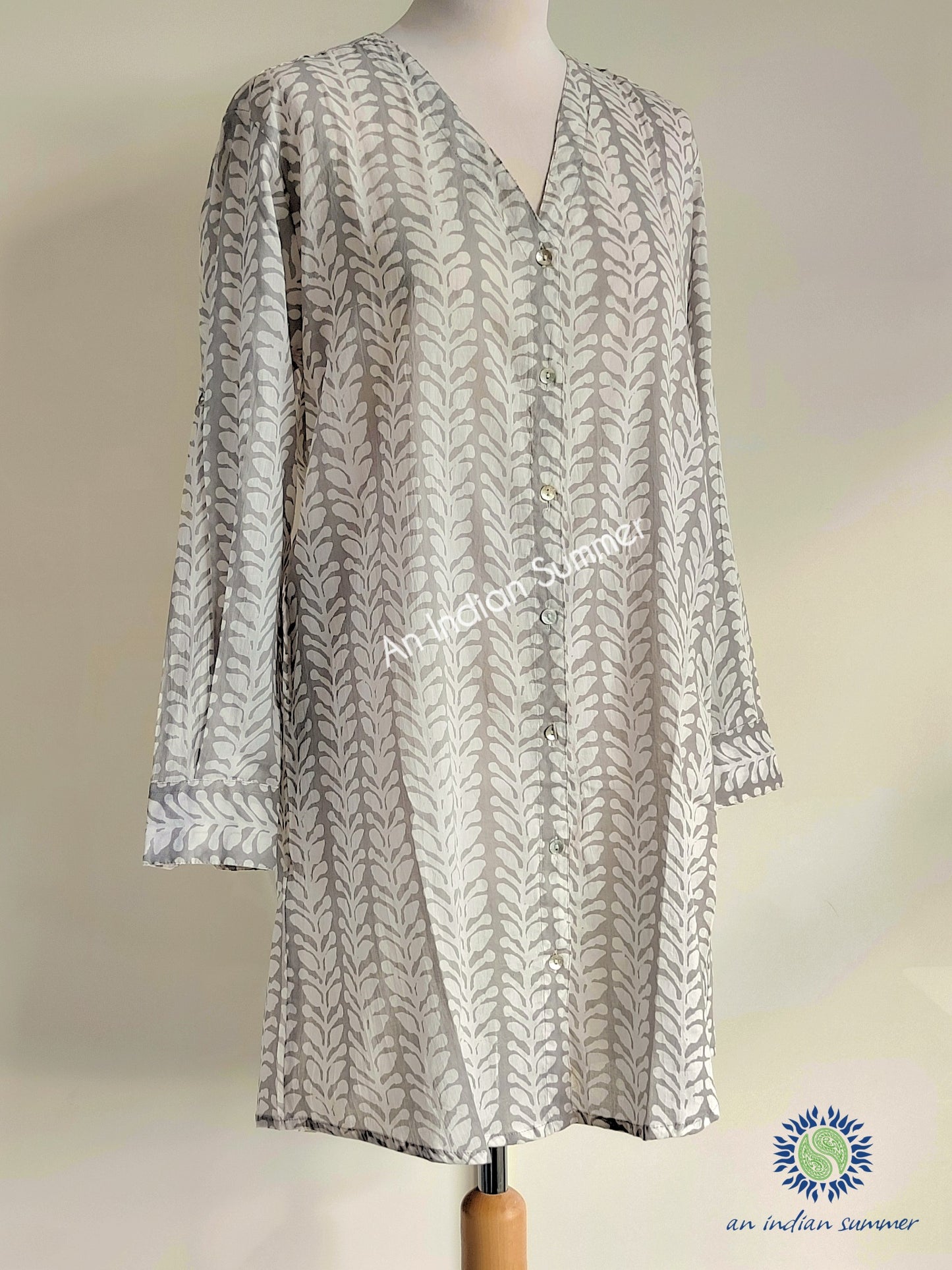 Tunic Shirt Leaf Grey | Loungewear | Cotton Voile | An Indian Summer | Authentic Timeless Sustainable Ethical Artisan Conscious Responsible Clothing