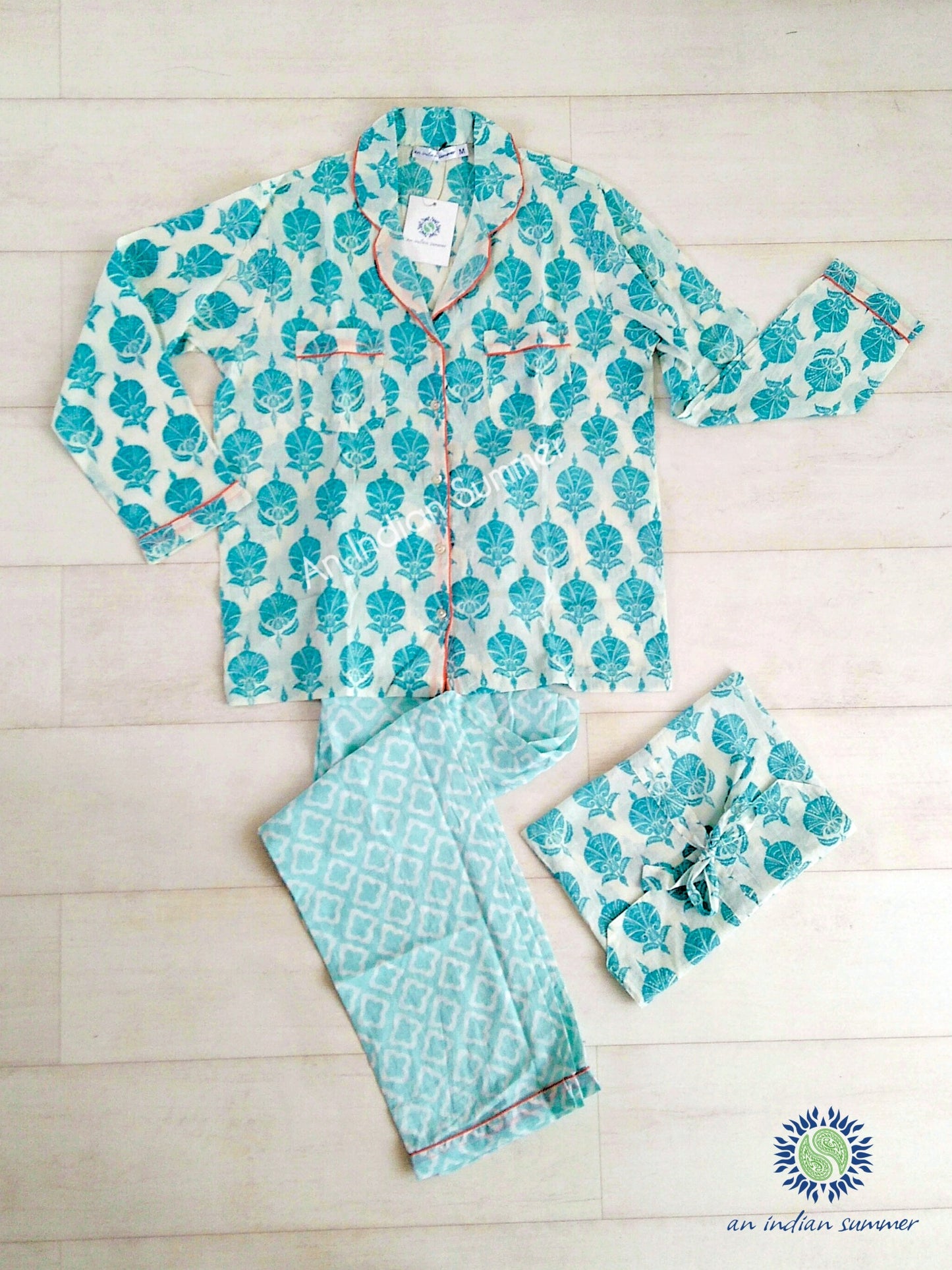 Long Pyjama Set Mixed Patterns | Turquoise with Coral Contrast Details | Hand Block Printed Cotton Voile | An Indian Summer | Authentic Seasonless Timeless Sustainable Ethical Artisan Conscious Responsible Clothing
