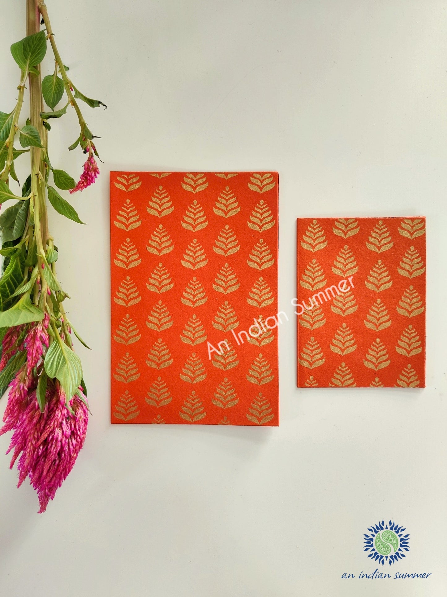 Narangi Orange - Set of 5 Gold Fern Motif Hand Block Printed Cards - An Indian Summer