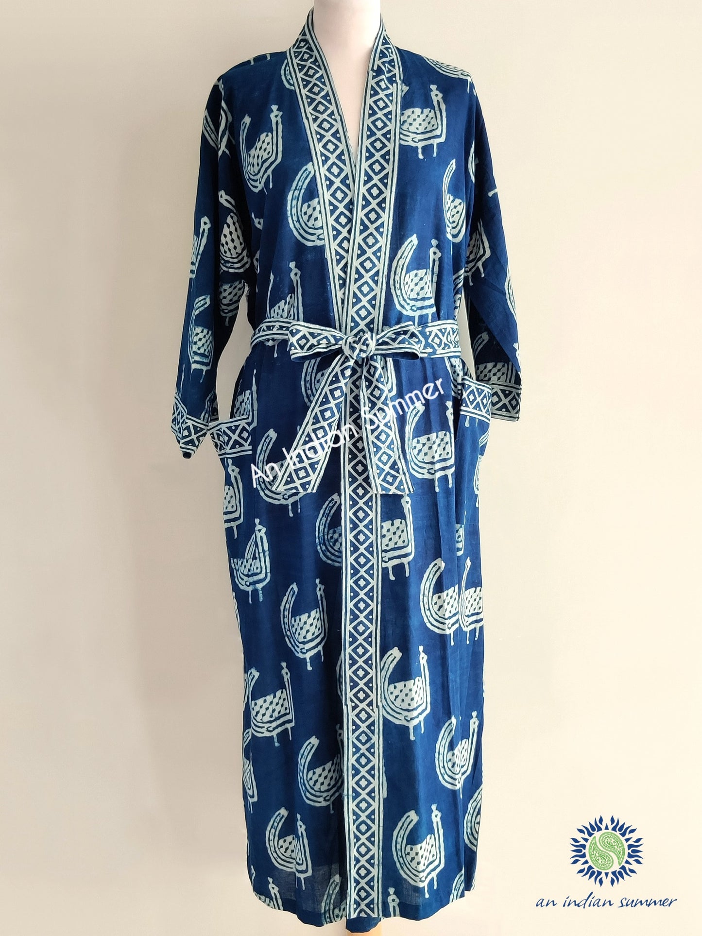 Long Kimono Robe | Natural Indigo Dyed Plant Dye | Peacock Design Abstract Block Print | Hand Block Printed | Cotton Voile | An Indian Summer | Seasonless Timeless Sustainable Ethical Authentic Artisan Conscious Clothing Lifestyle Brand