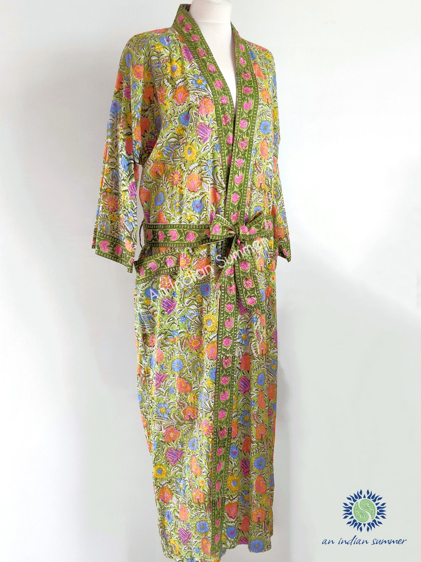 Long Kimono Robe Floral Block Print Spice Green Hand Block Printed Lightweight Soft Cotton Voile | An Indian Summer | Timeless Sustainable Ethical Authentic Artisan Clothing Lifestyle Brand