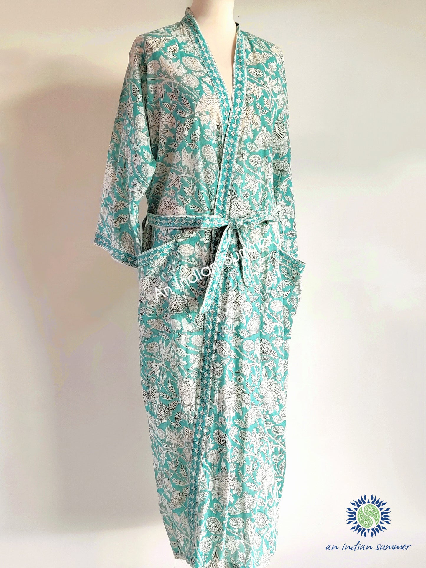 Long Kimono Robe | Thistle | Aqua | Botanical Block Print | Hand Block Printed | Cotton Voile | An Indian Summer | Seasonless Timeless Sustainable Ethical Authentic Artisan Conscious Clothing Lifestyle Brand