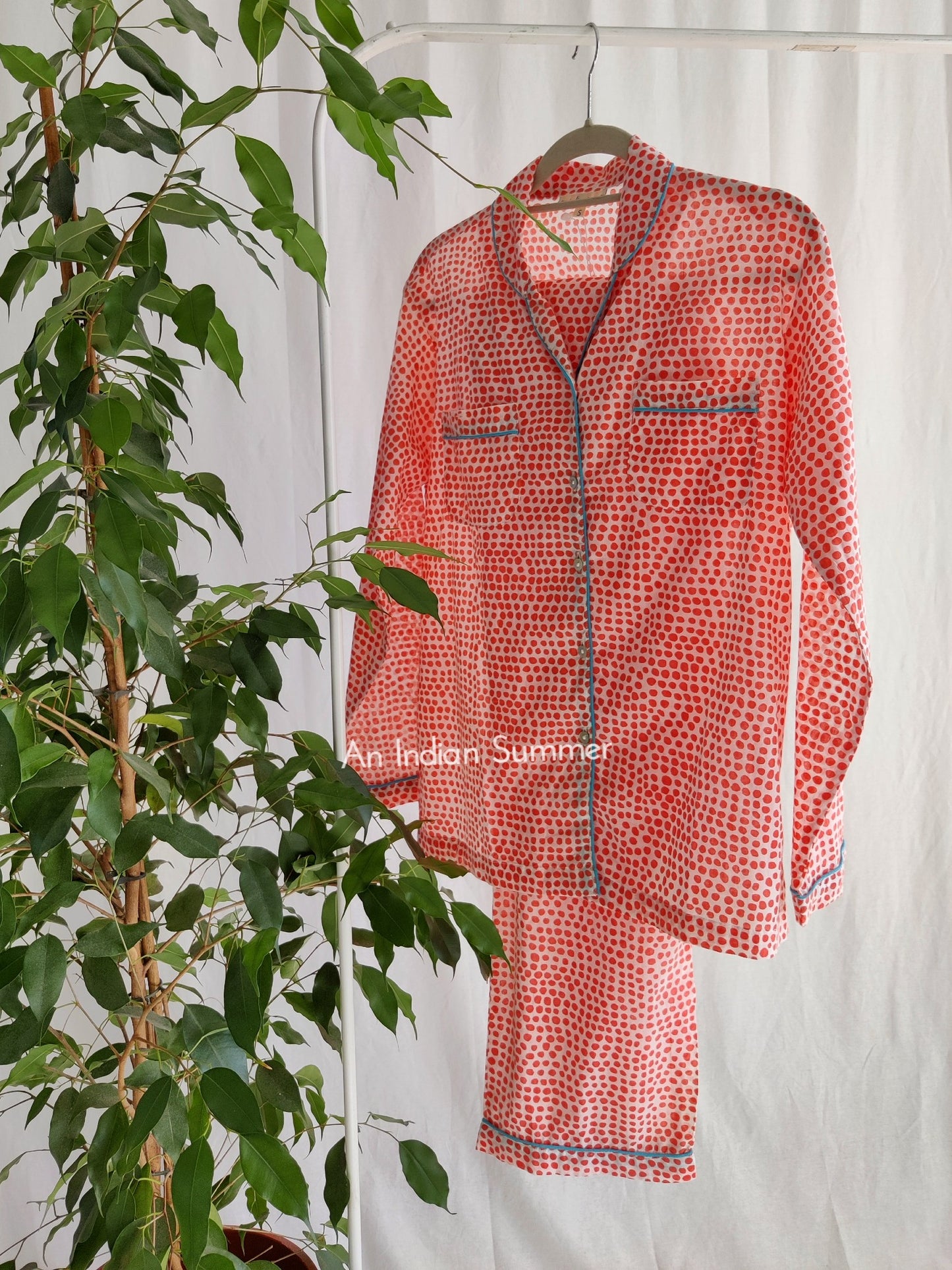 Long Pyjama Set Pebbles | Coral with Turquoise Contrast Details | Hand Block Printed Cotton Voile | An Indian Summer | Authentic Timeless Seasonless Sustainable Ethical Artisan Conscious Responsible Clothing