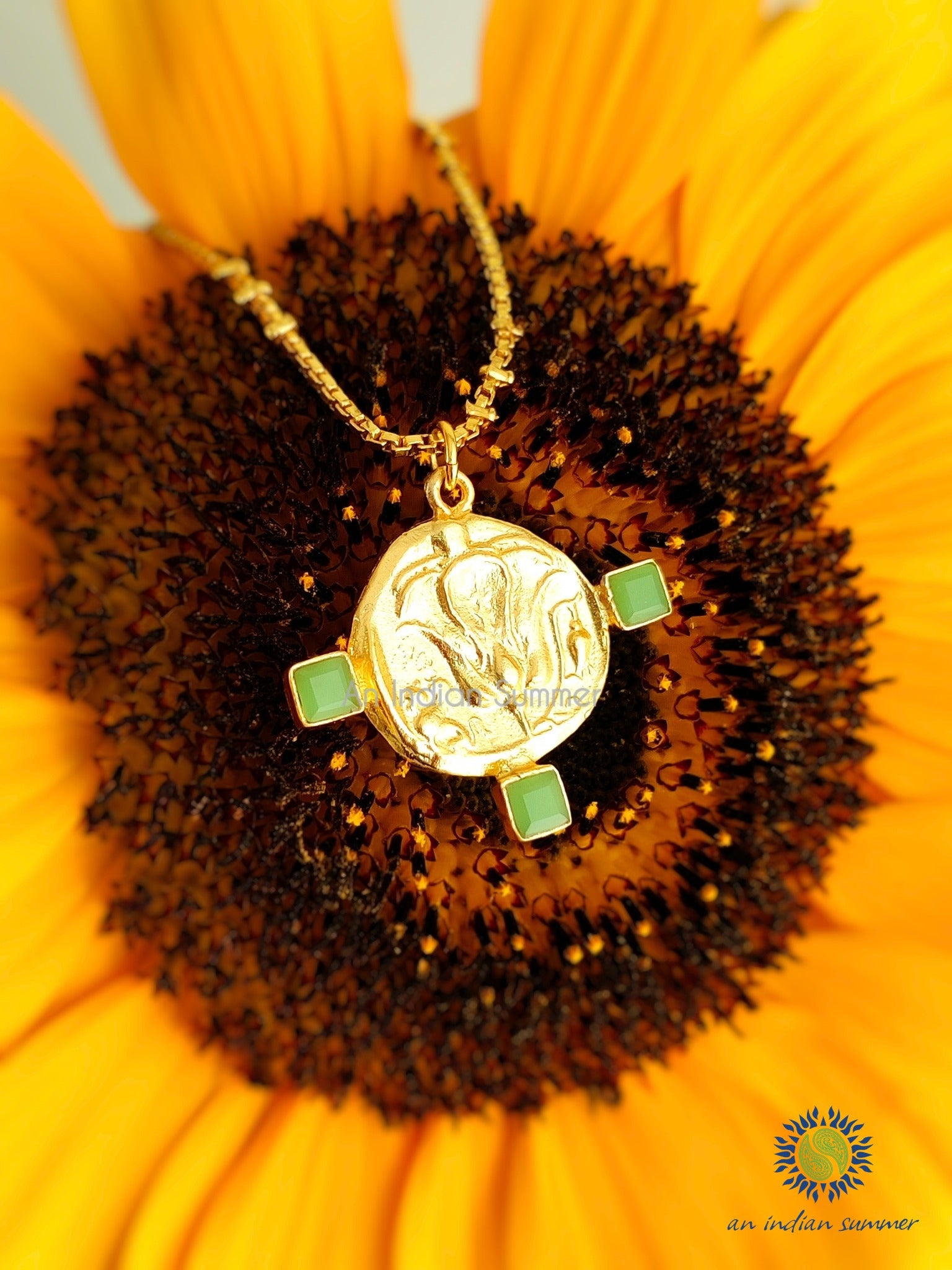 Talisman Medal Necklace - Lotus | Green Jade | 22 Carat Gold Plated Semi Precious Stones | An Indian Summer | Seasonless Timeless Sustainable Ethical Authentic Artisan Conscious Clothing Lifestyle Brand