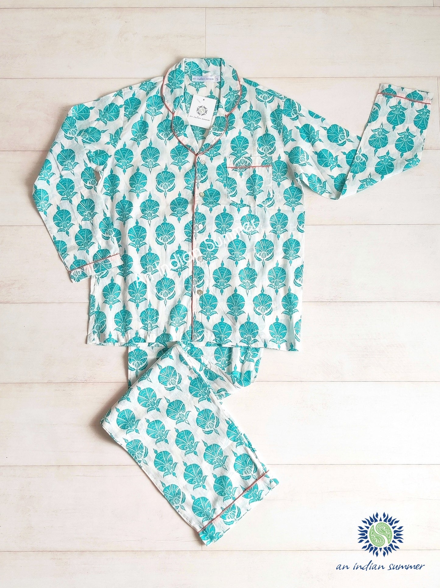 Long Pyjama Set Ottoman Flower | Turquoise with Coral Contrast Details | Hand Block Printed Cotton Voile | An Indian Summer | Authentic Timeless Seasonless Sustainable Ethical Artisan Conscious Responsible Clothing