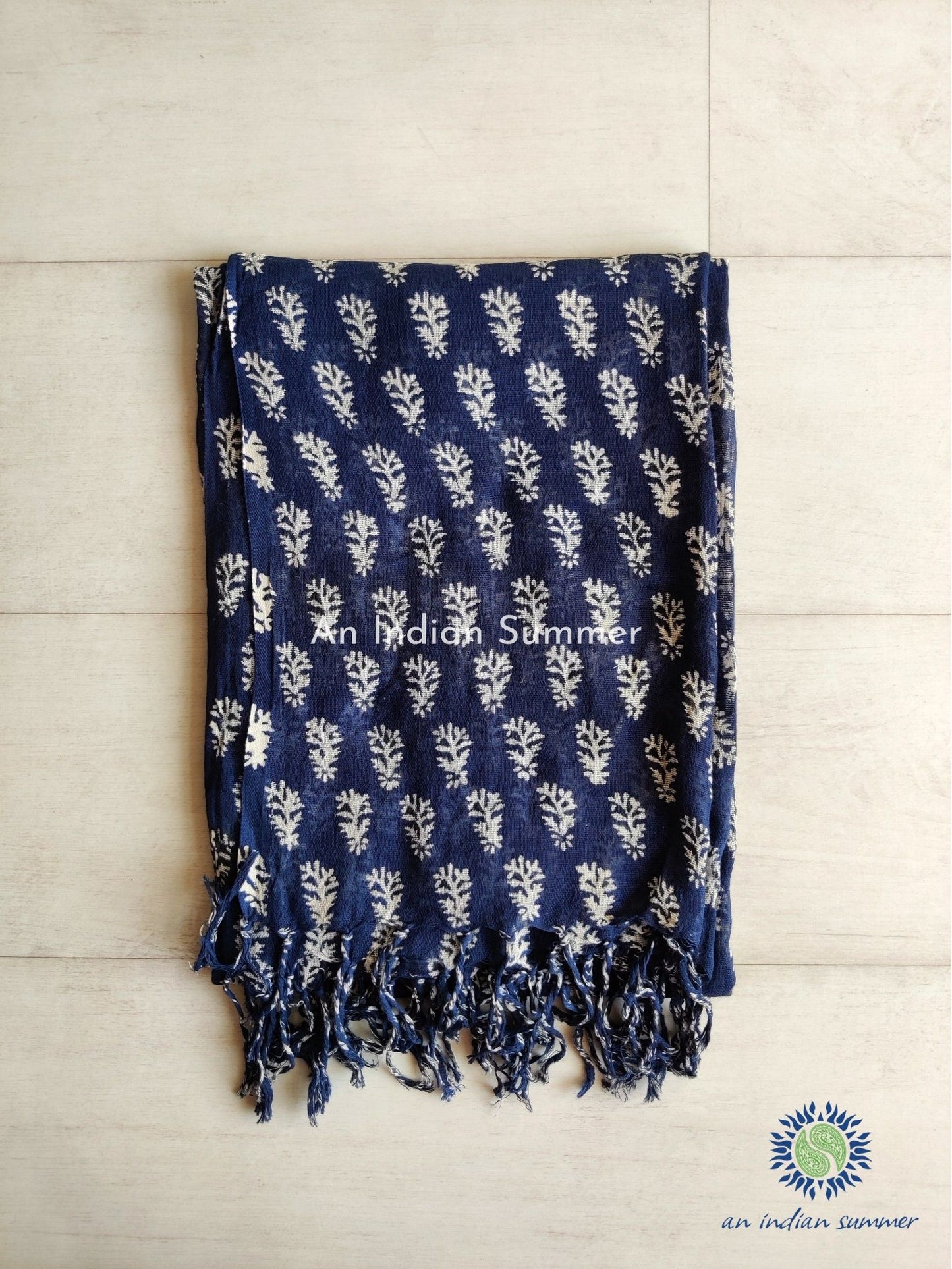 An Indian Summer Paisley Indigo Dyed Handloom Woven Hand Block Printed Cotton Gauze Scarf