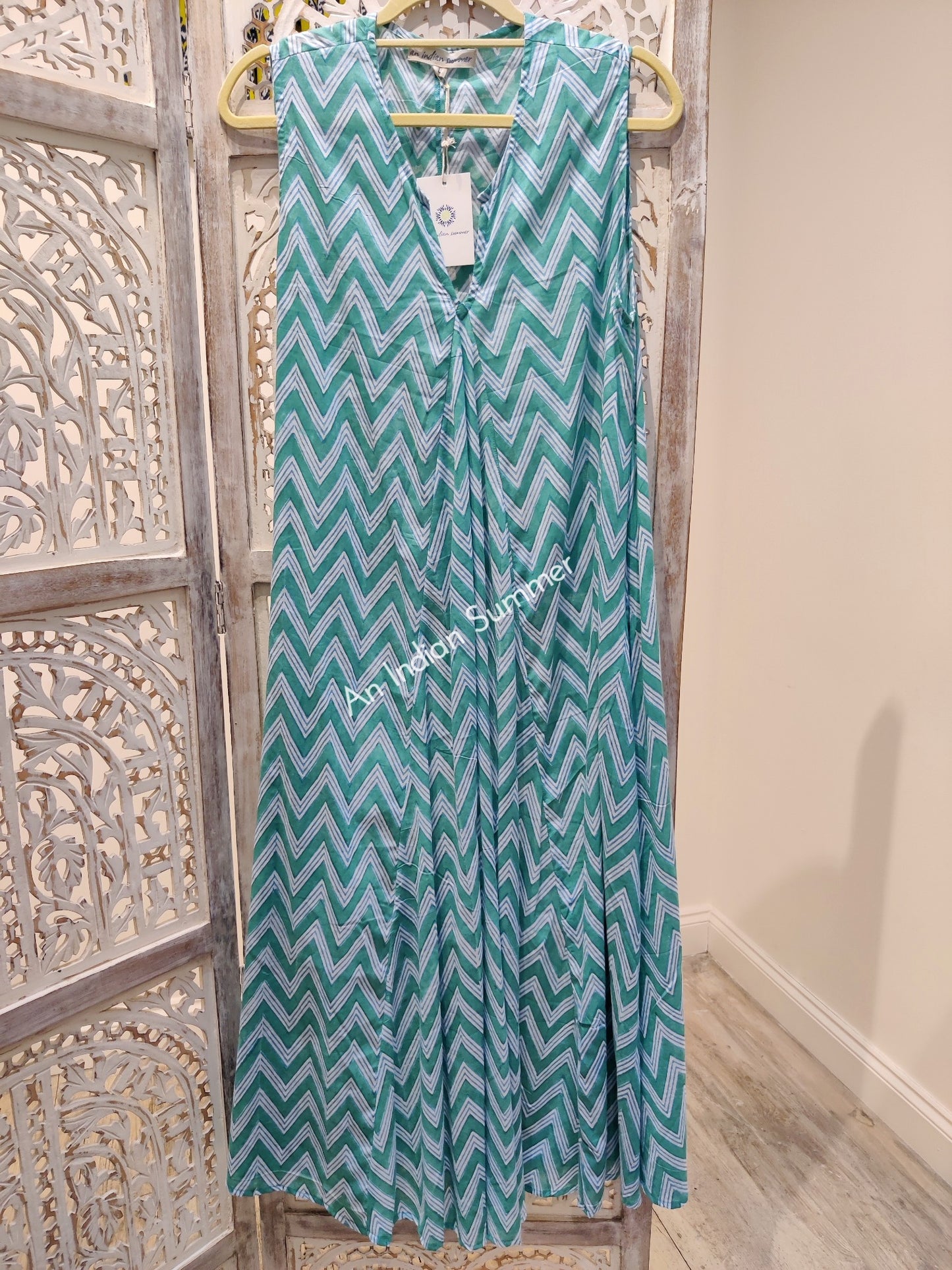 Sleeveless Midi Dress Kanebo | Teal Blue | Zig Zag Chevron Block Print | Hand Block Printed | Cotton Voile | An Indian Summer | Seasonless Timeless Sustainable Ethical Authentic Artisan Conscious Clothing Lifestyle Brand