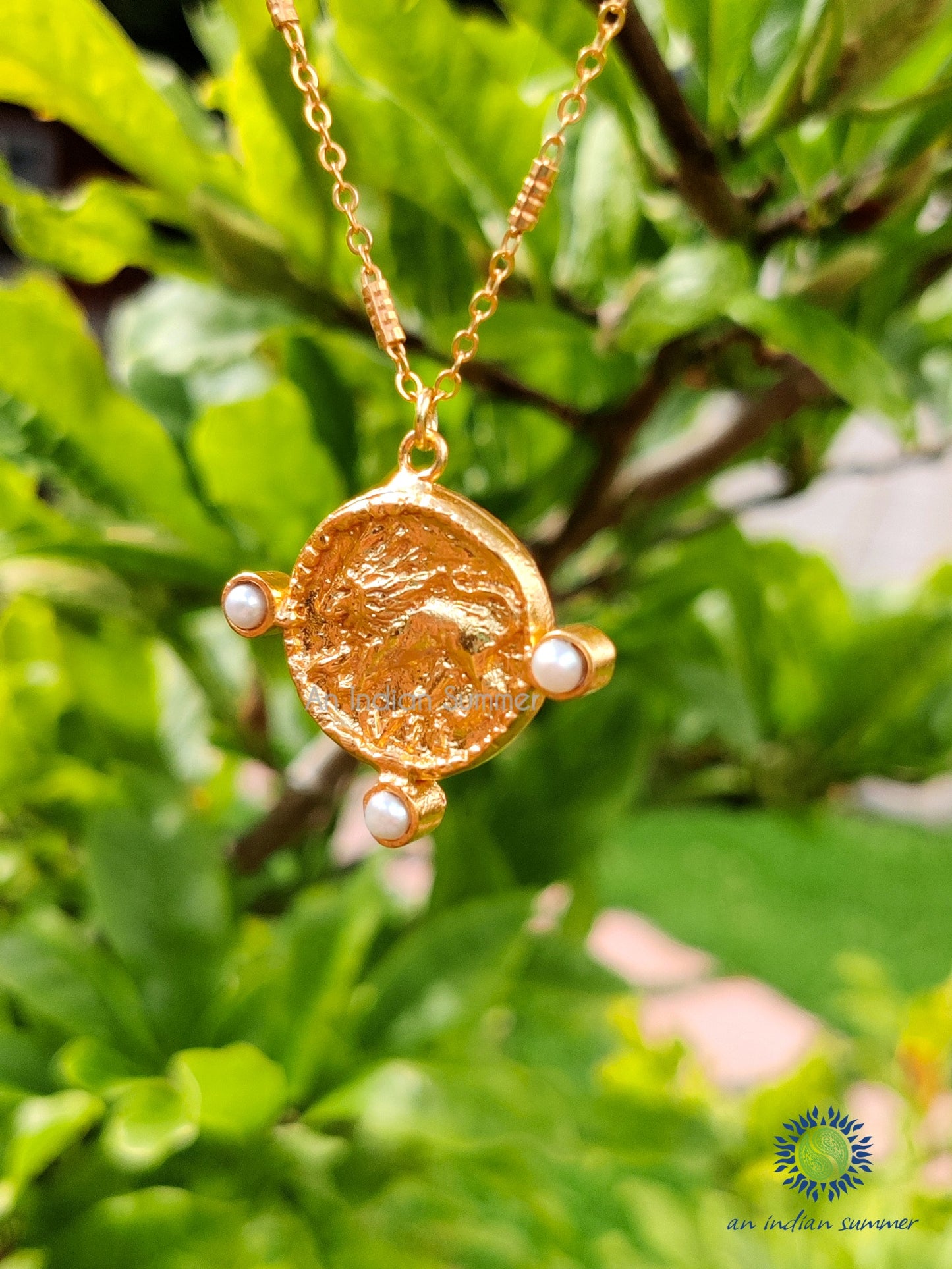 Talisman Medal Necklace - Leo | Lion Fresh Water Pearls| 22 Carat Gold Plated Semi Precious Stones | An Indian Summer | Seasonless Timeless Sustainable Ethical Authentic Artisan Conscious Clothing Lifestyle Brand