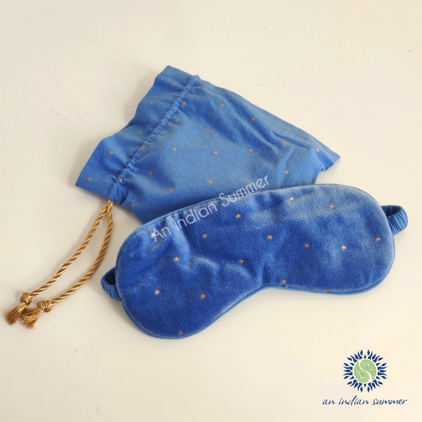 Velvet Eye Mask | Powder Blue with Gold Stars | Cotton Velvet | An Indian Summer | Seasonless Timeless Sustainable Ethical Authentic Artisan Conscious Clothing Lifestyle Brand