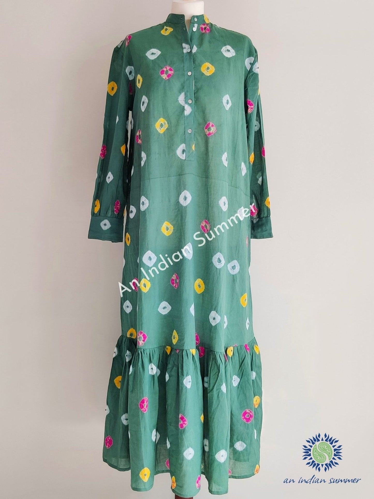 Aditi Bandhani Dress Jade Green | Hand Tie Dyed | An Indian Summer | Seasonless Timeless Sustainable Ethical Authentic Artisan Conscious Clothing Lifestyle Brand