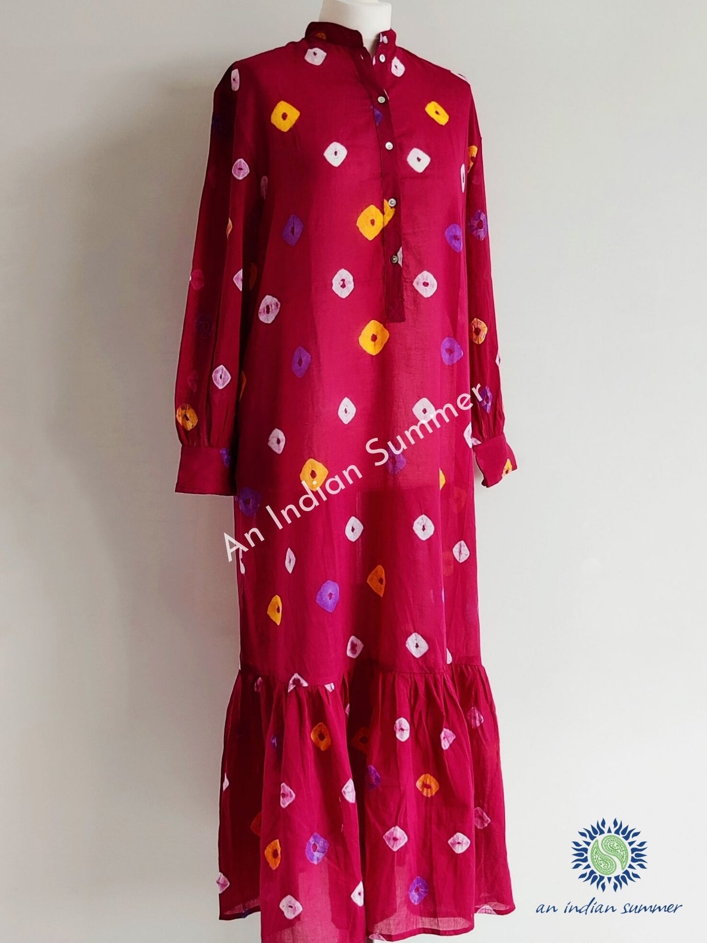 Aditi Bandhani Dress Garnet Red | Hand Tie Dyed | An Indian Summer | Seasonless Timeless Sustainable Ethical Authentic Artisan Conscious Clothing Lifestyle Brand