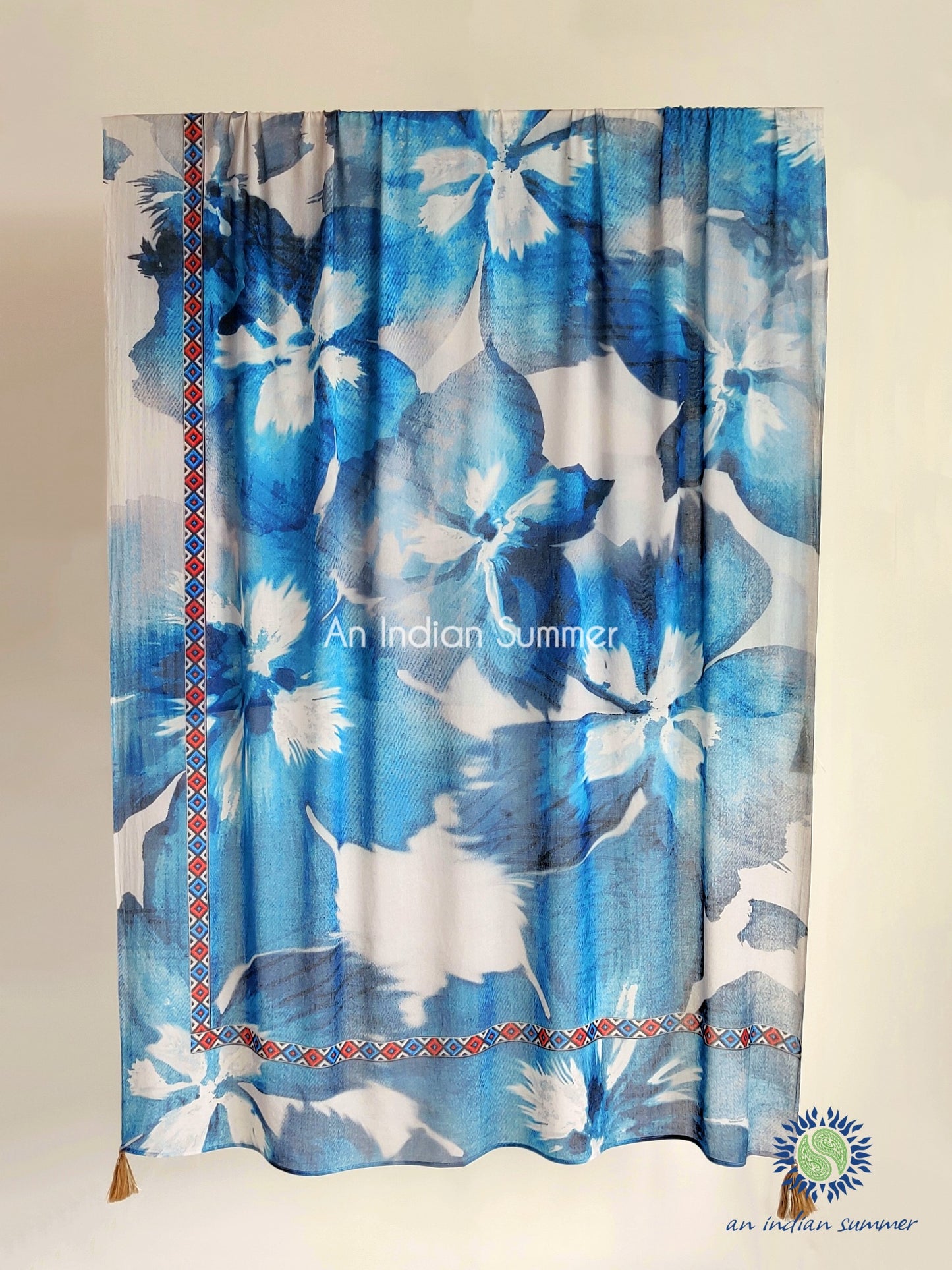 Blue Petals | Art Inspired Shawl Sarong Pareo | An Indian Summer | Luxury Resortwear Swimwear Beachwear | Seasonless Timeless Sustainable Ethical Authentic Artisan Conscious Clothing Lifestyle Brand
