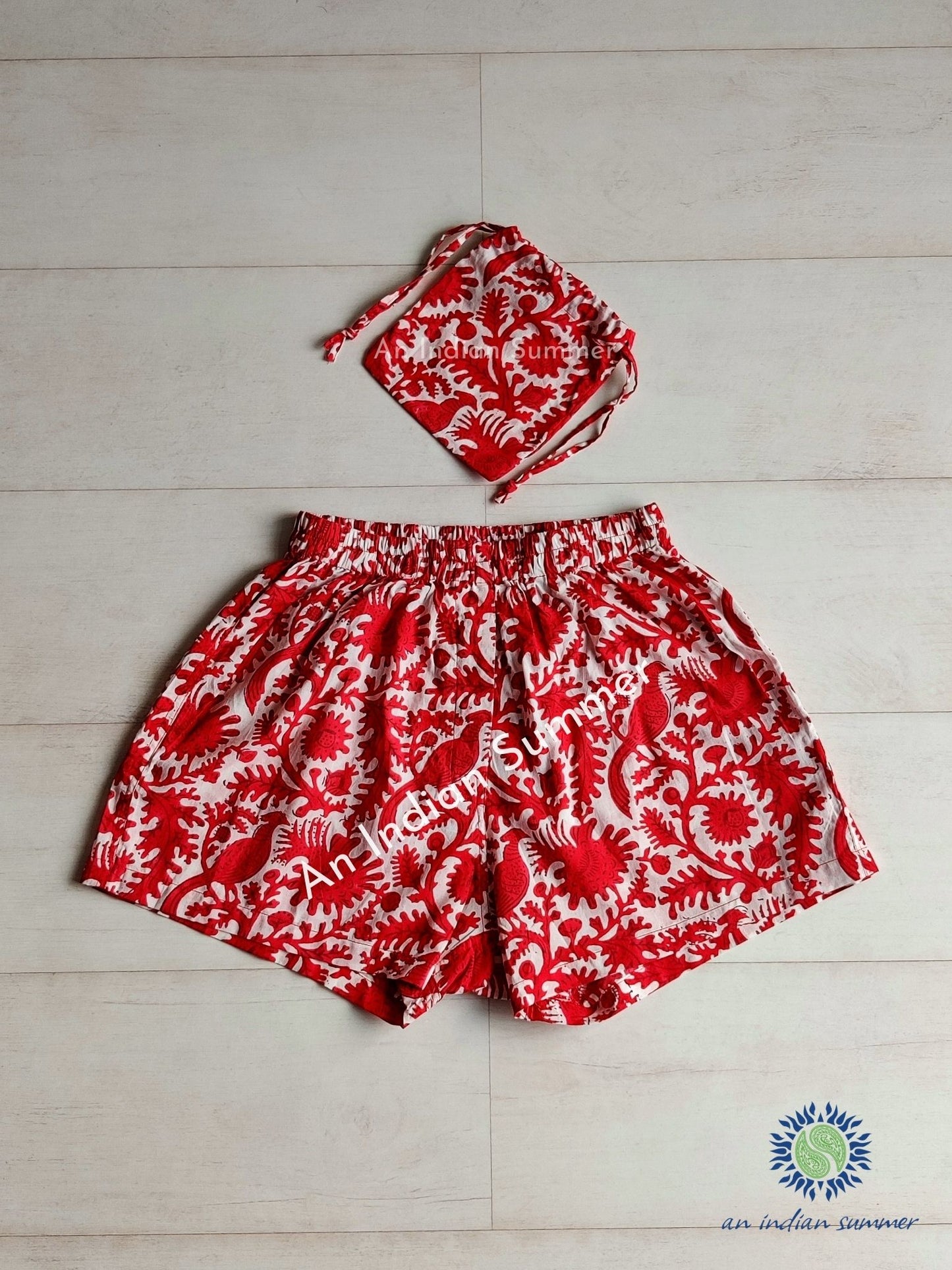 Boxer Shorts | Birdsong | Red | Unisex | Wood Block Print | Hand Block Printed | Cotton | An Indian Summer | Seasonless Timeless Sustainable Ethical Authentic Artisan Conscious Clothing Lifestyle Brand